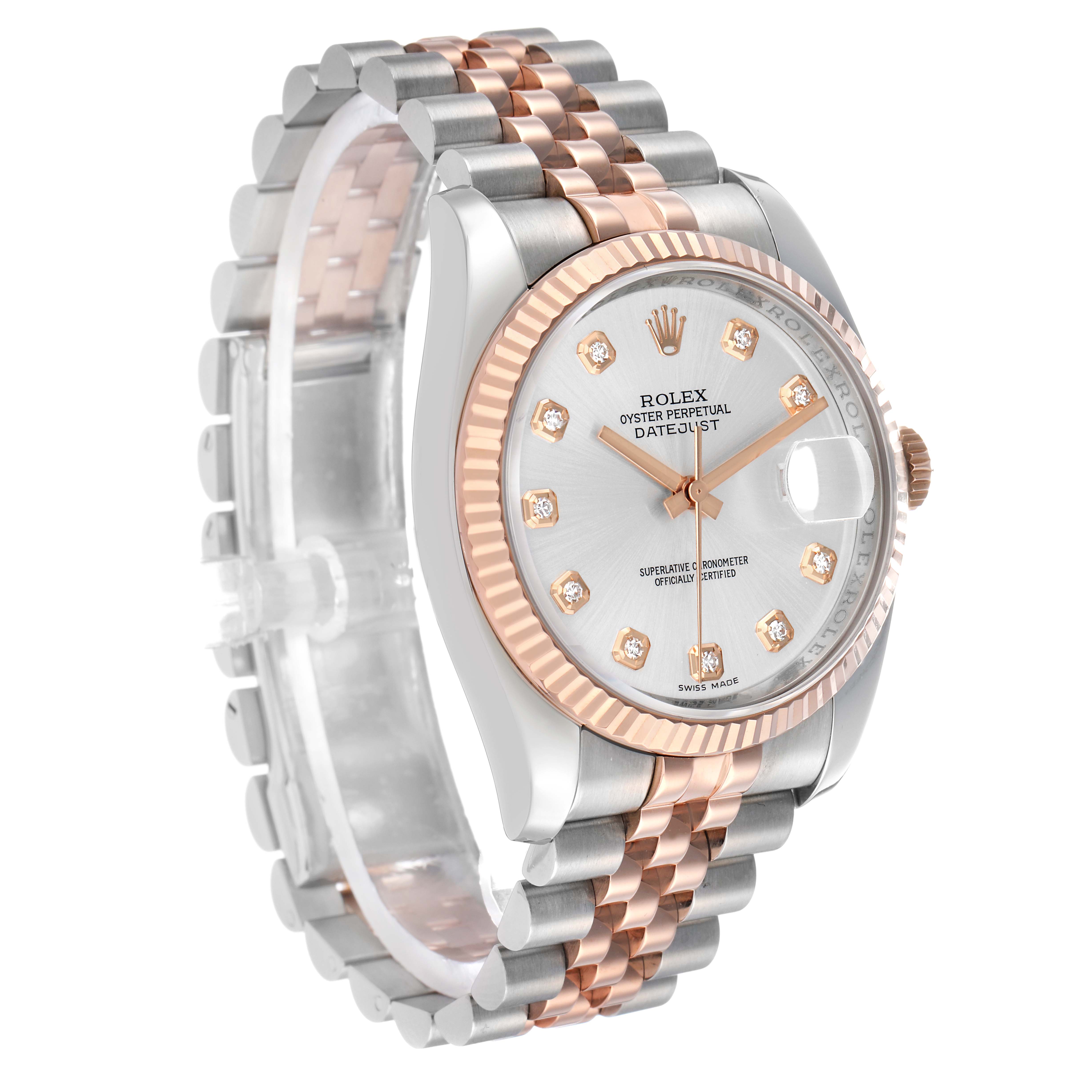 The Rolex Datejust 116231 Men's Steel and Gold (two tone) Silver Dial watch is shown at a three-quarter angle, highlighting its two-tone bracelet and diamond-accented dial.