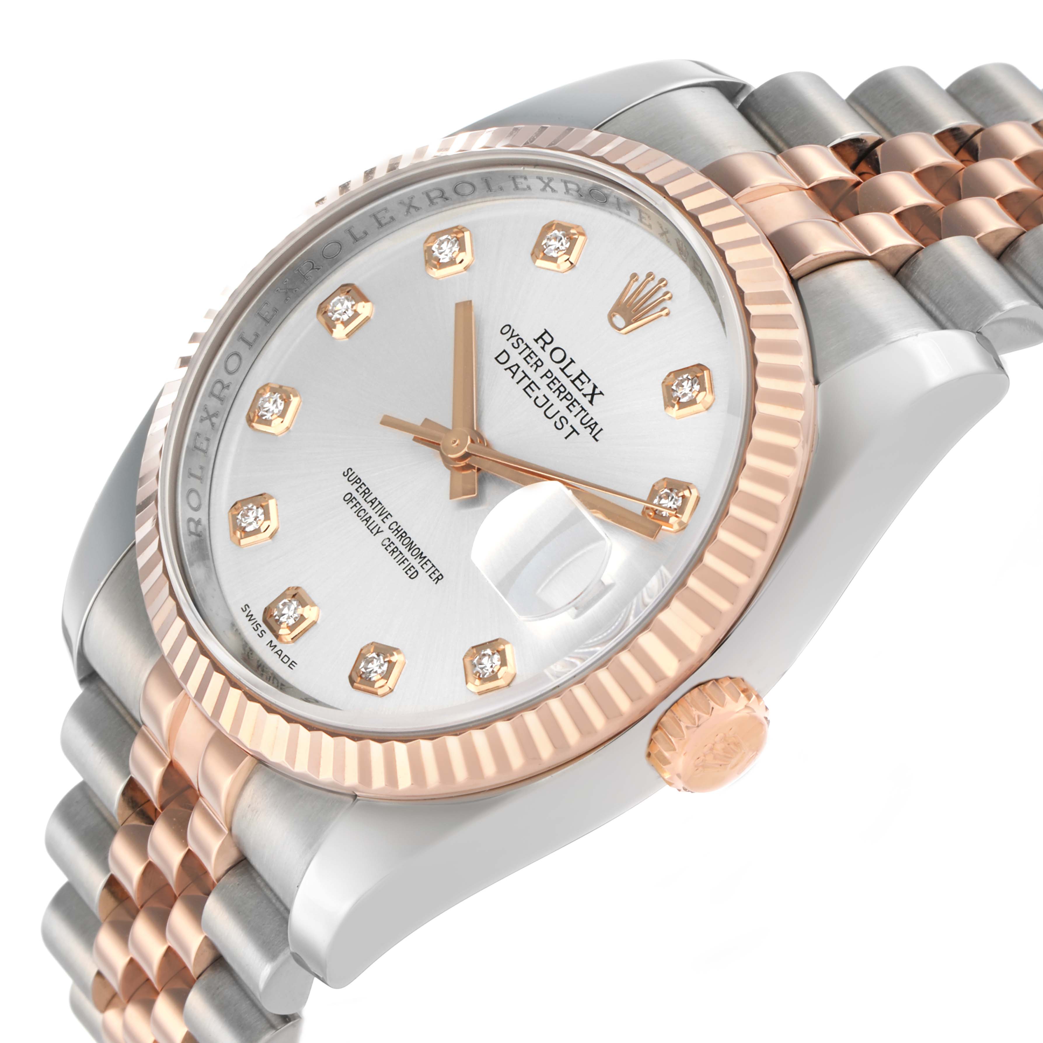 The Rolex Datejust 116231 Men's Steel and Gold (two tone) Silver Dial watch is shown at a three-quarter angle, highlighting the dial, fluted bezel, bracelet, and crown.