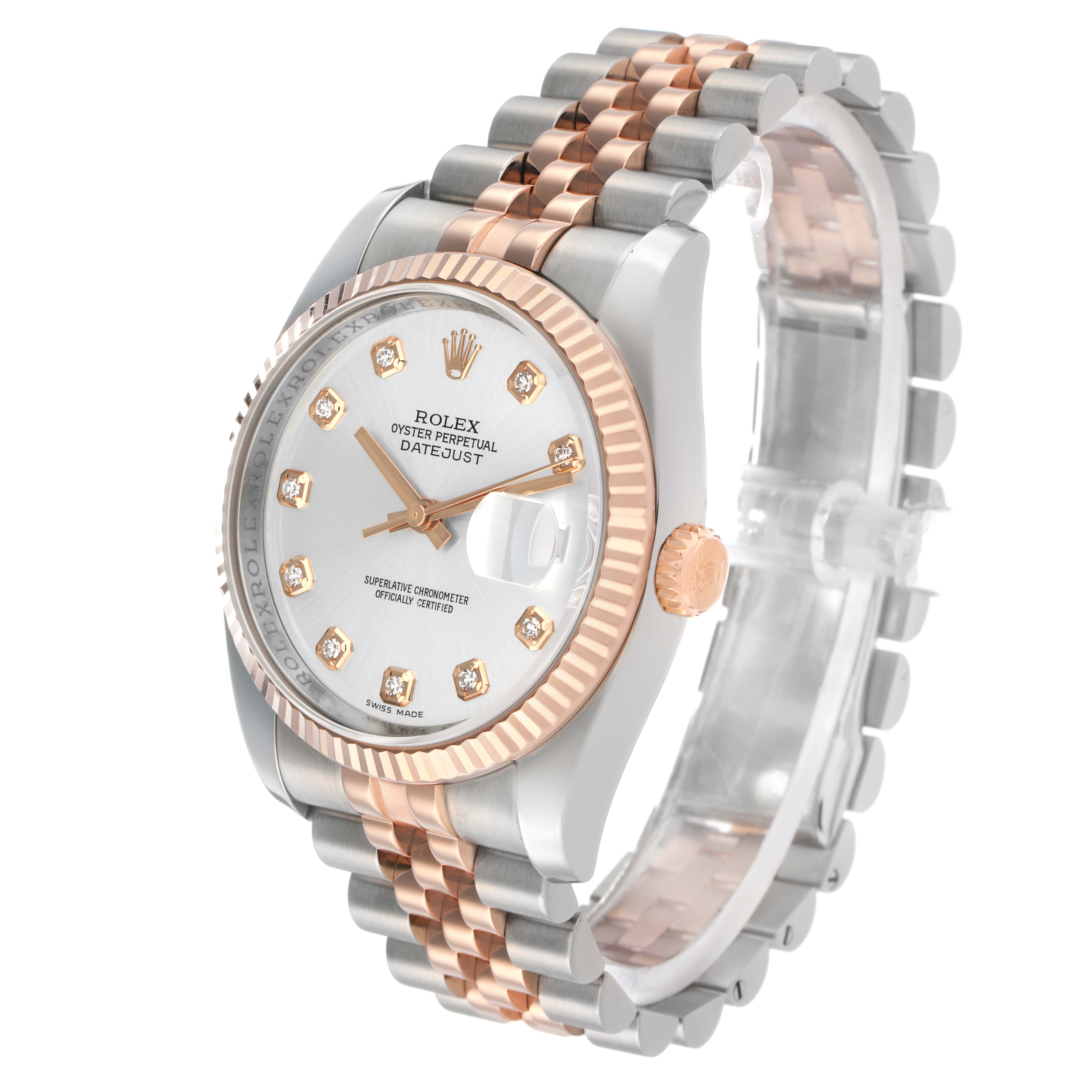 The Rolex Datejust 116231 Men's Steel and Gold (two tone) Silver Dial watch is shown from a front angle, highlighting its two-tone bracelet, fluted bezel, and diamond indices.