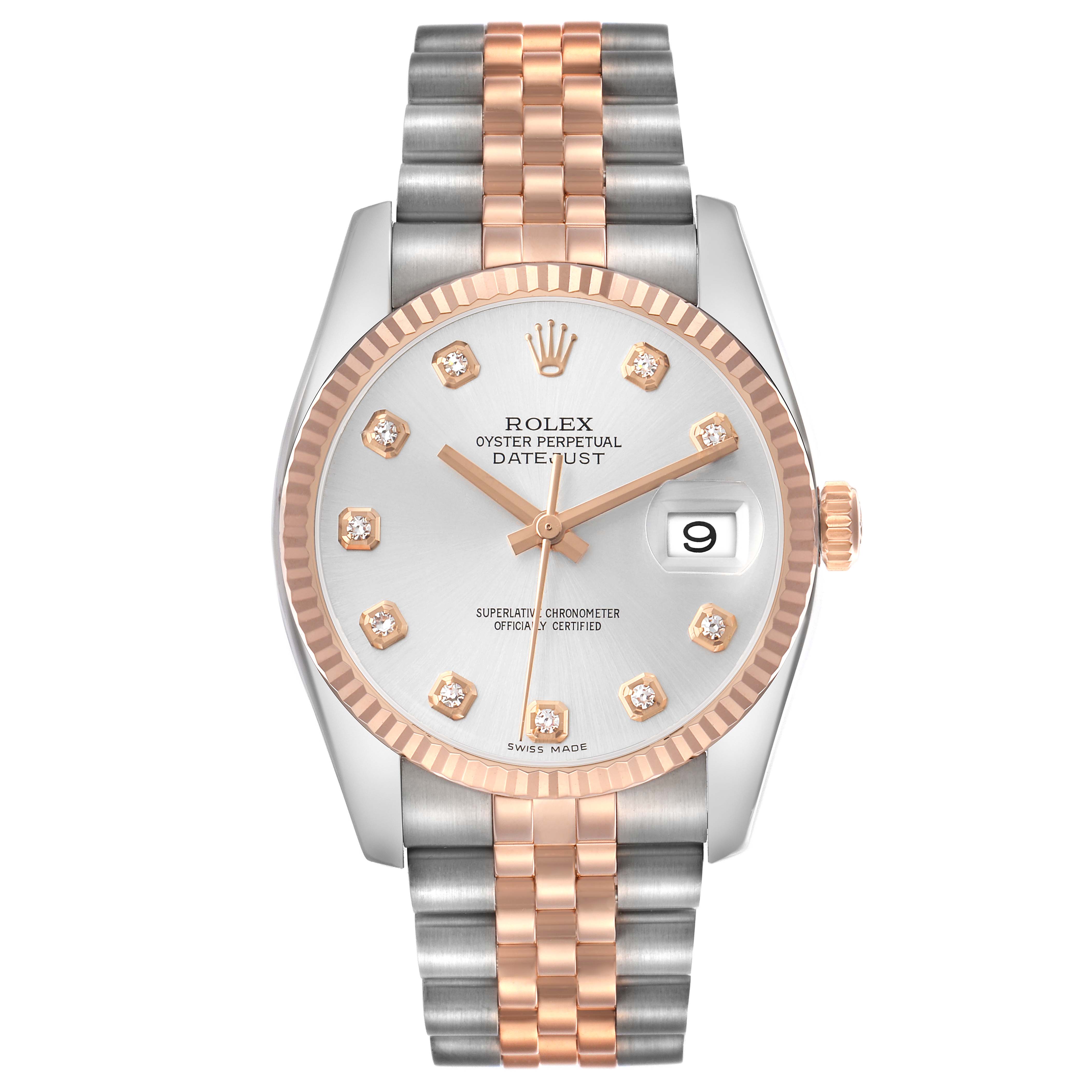 The Rolex Datejust 116231 Men's Steel and Gold (two tone) Silver Dial is shown from the front, highlighting its dial, bezel, bracelet, and date window.
