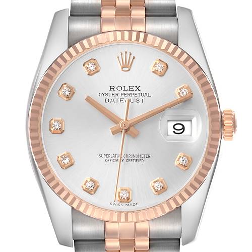 The Rolex Datejust 116231 Men's Steel and Gold (two tone) Silver Dial watch is shown in a close-up, frontal view, displaying the dial, bezel, bracelet, and crown.