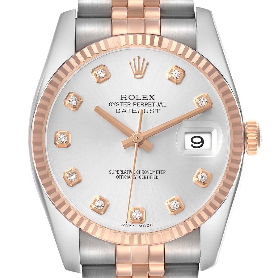 The image shows a front view of a Rolex Datejust 116231 Men's Steel and Gold (two tone) Silver Dial watch, highlighting the face, hands, markers, and part of the bracelet.