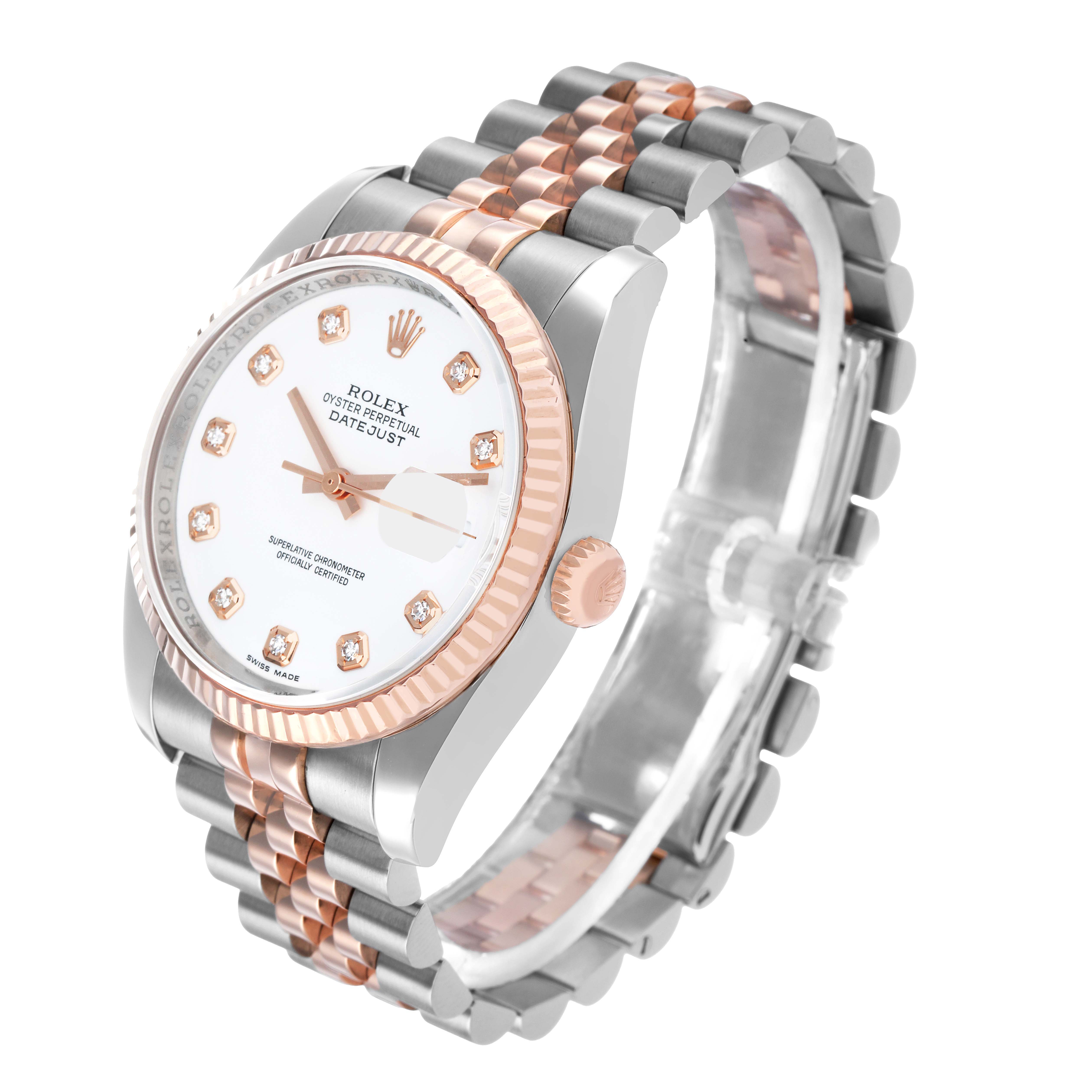 The Rolex Datejust 116231 Men's Steel and Gold (two tone) White Dial watch is shown at a three-quarter angle, highlighting the dial, bezel, crown, and two-tone bracelet.
