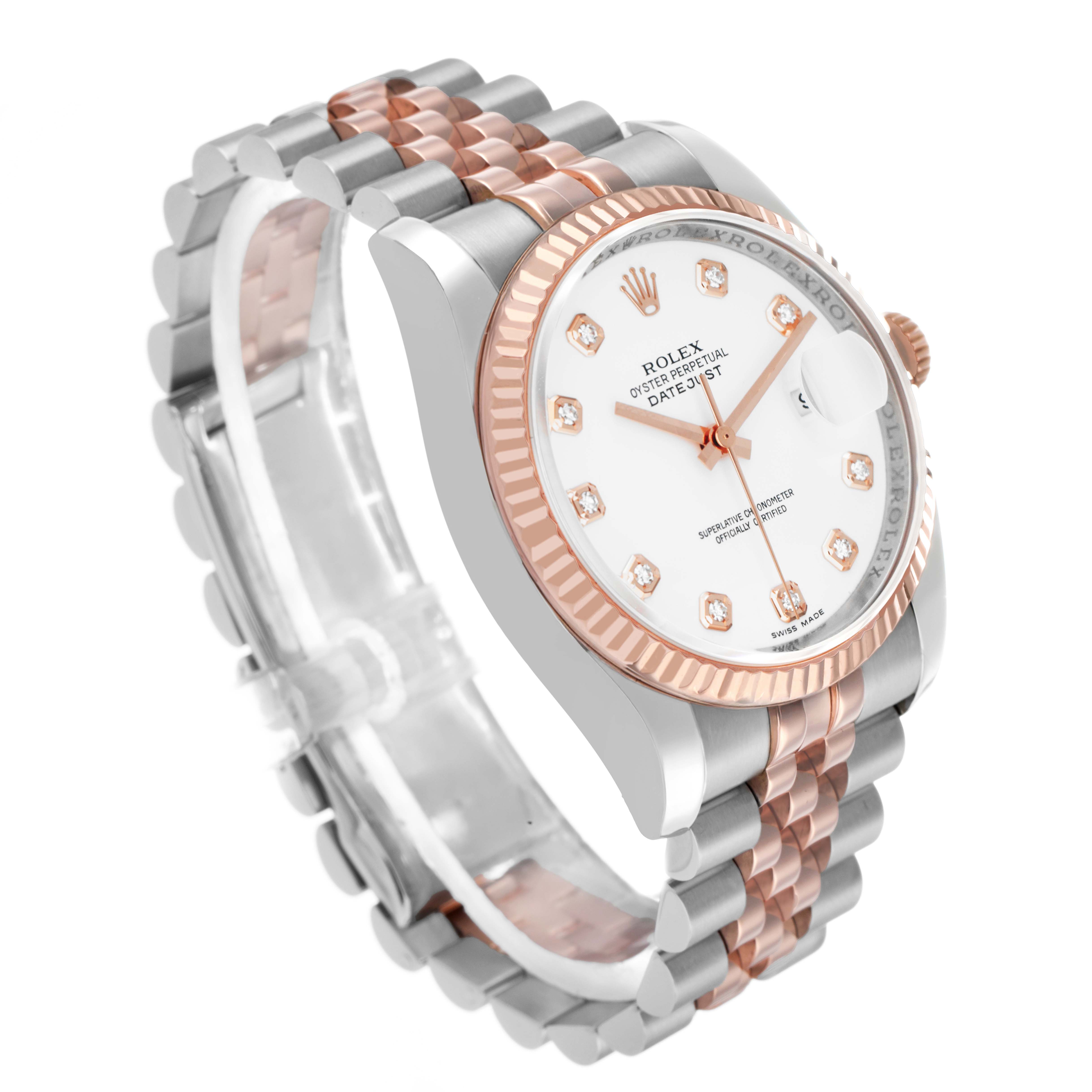 The Rolex Datejust 116231 Men's Steel and Gold (two tone) White Dial watch is shown at an angle displaying the face, bezel, side, and two-tone bracelet.