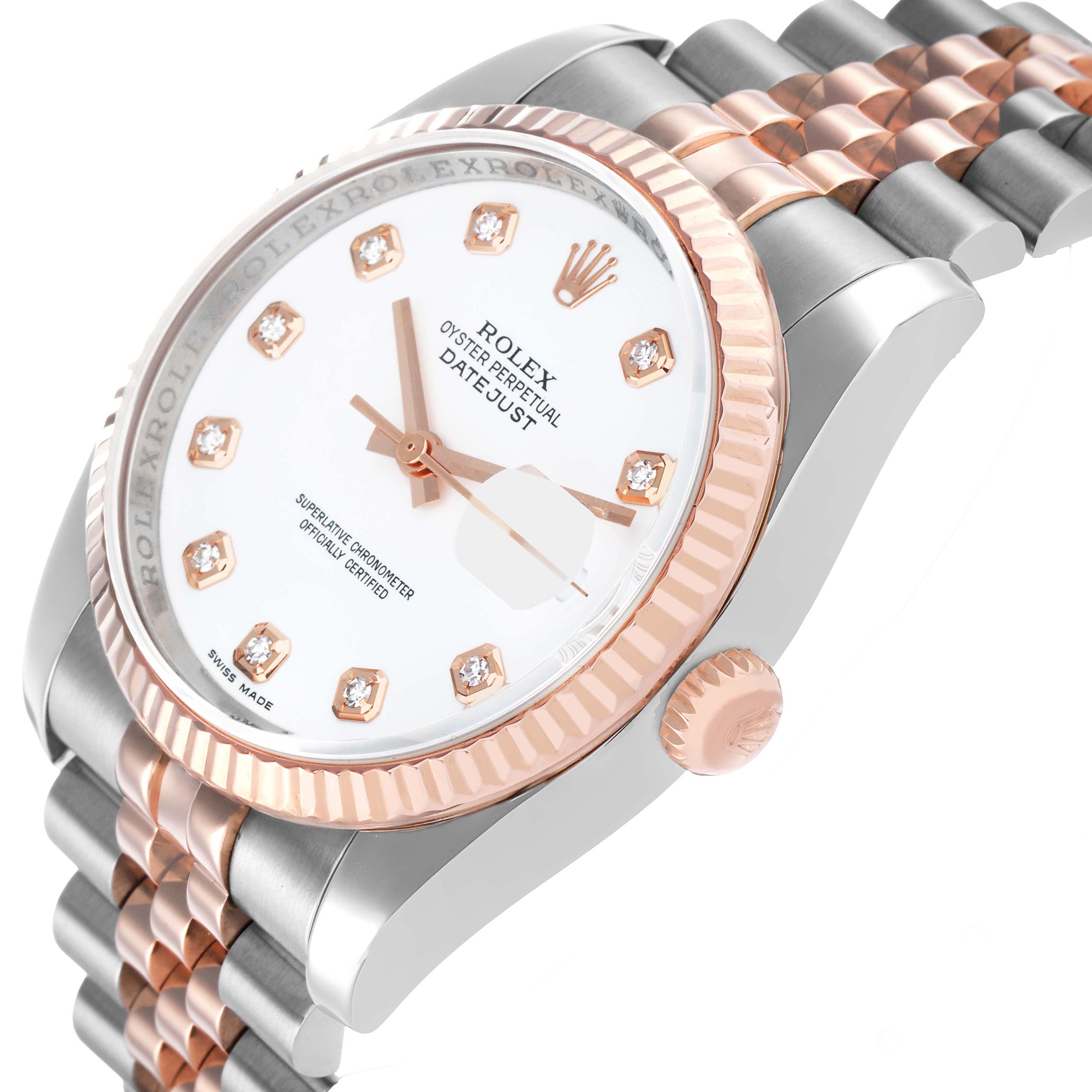 The Rolex Datejust 116231 Men's Steel and Gold (two tone) White Dial watch is shown at an angle highlighting the side, bezel, dial, crown, and part of the bracelet.