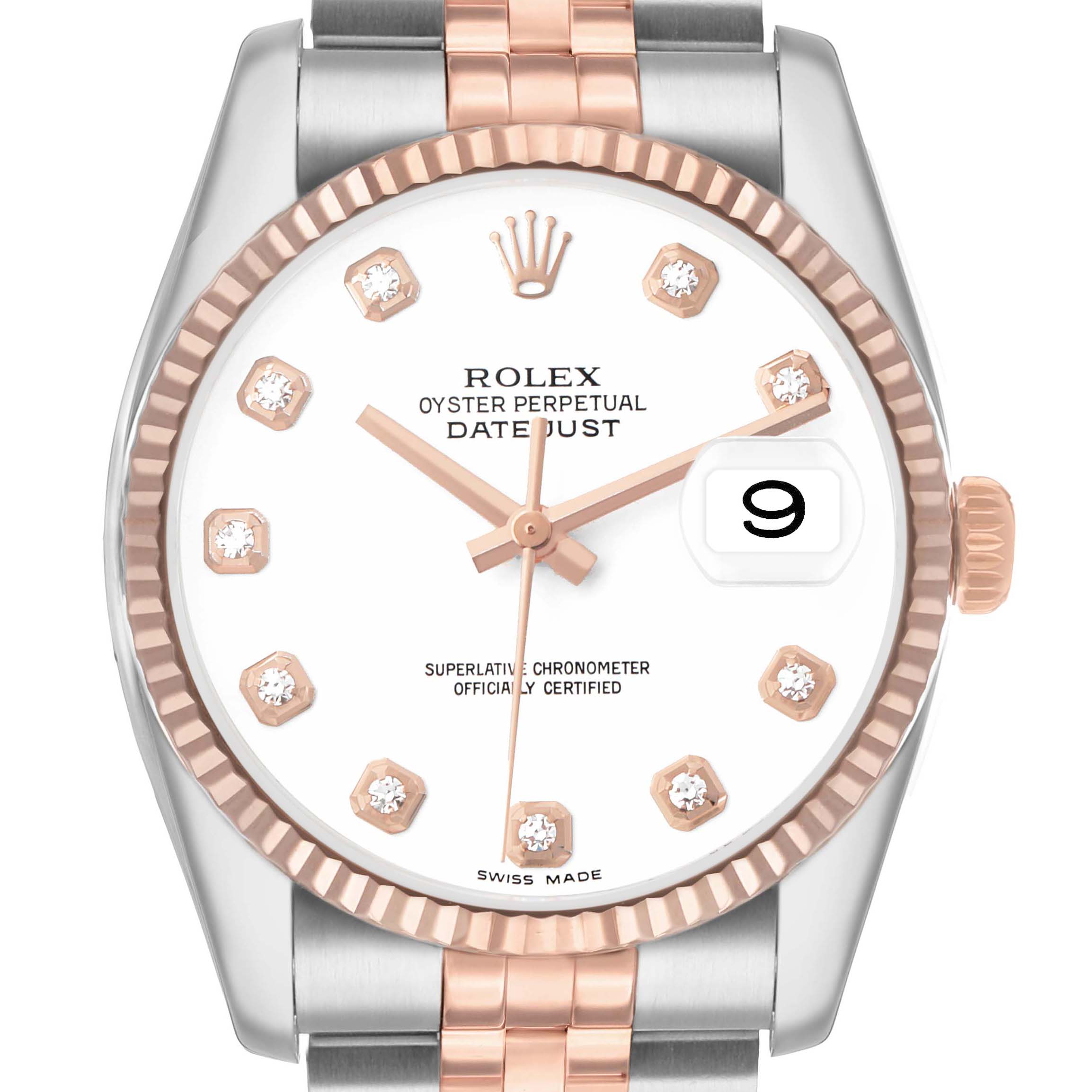 This image shows a front view of a Rolex Datejust 116231 Men's Steel and Gold (two tone) White Dial, highlighting the dial, bezel, crown, and bracelet.
