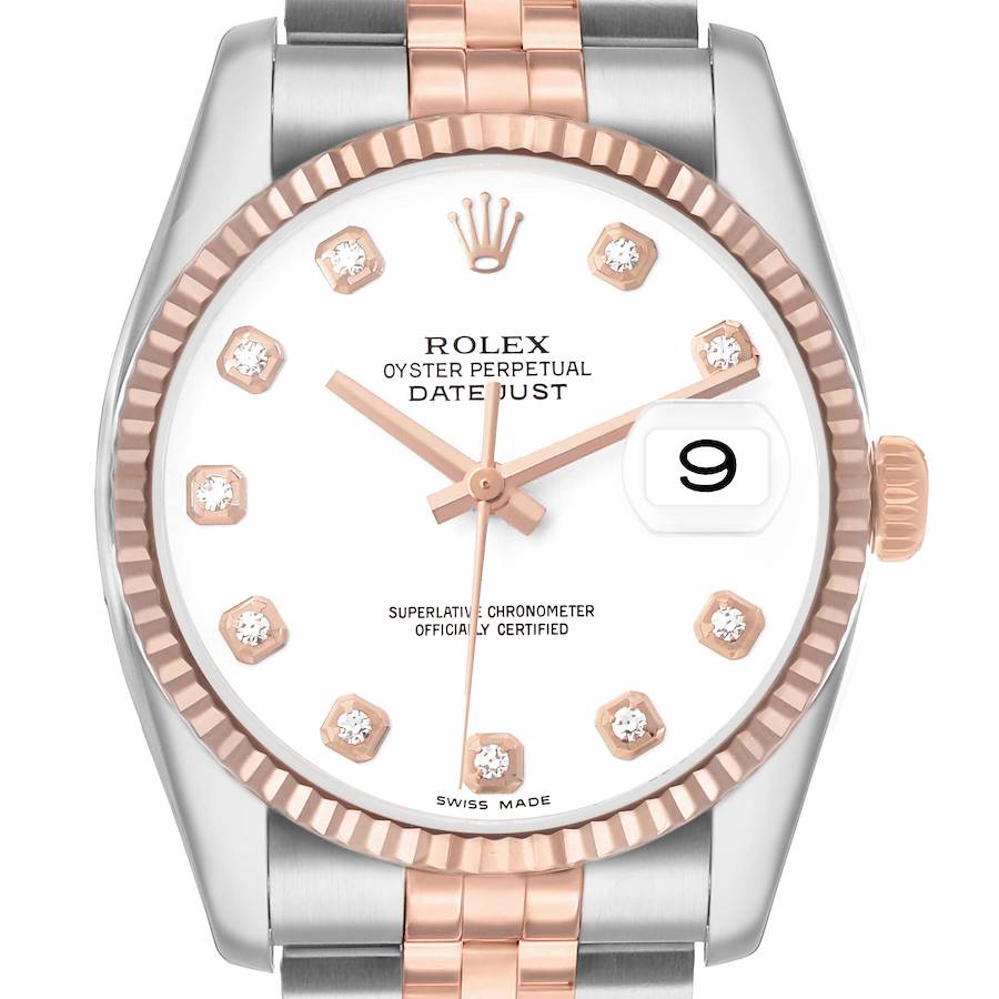 This image shows a front view of a Rolex Datejust 116231 Men's Steel and Gold (two tone) White Dial, highlighting the dial, bezel, crown, and bracelet.