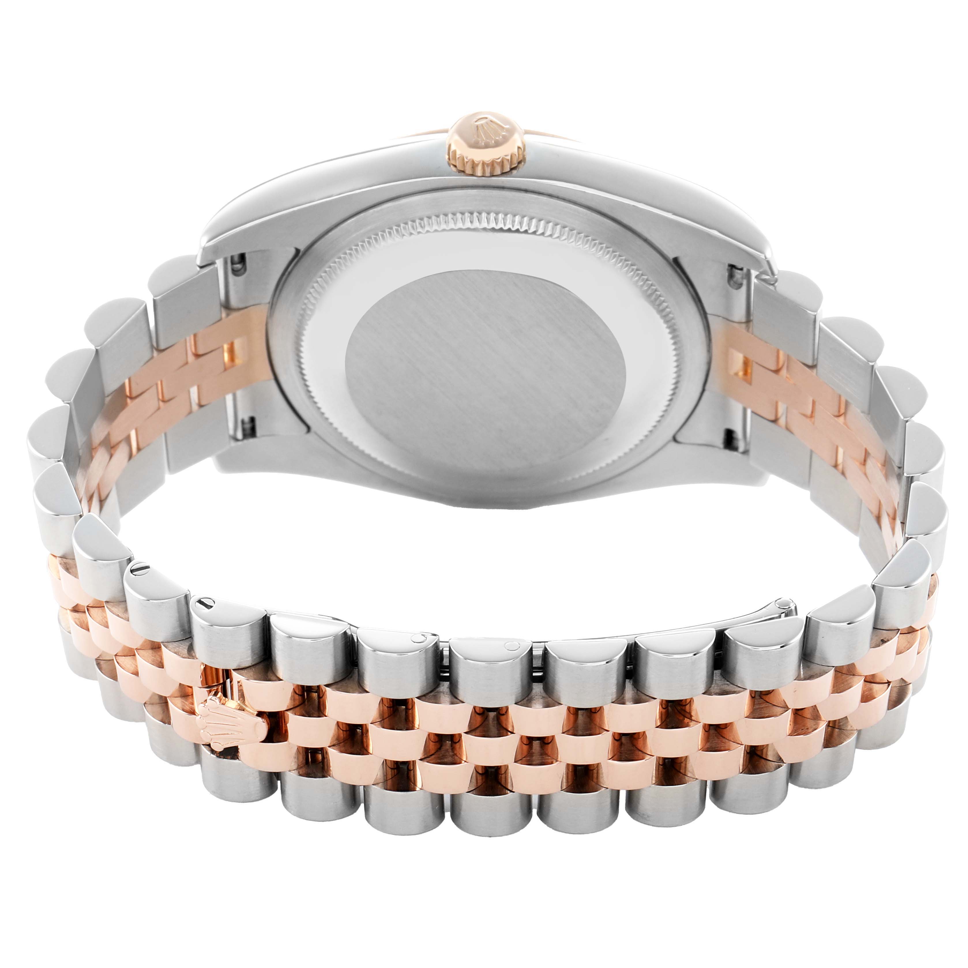 The image shows the back of a Rolex Datejust 116231 Men's Steel and Gold (two tone) White Dial watch, highlighting the case back, crown, and two-tone bracelet.