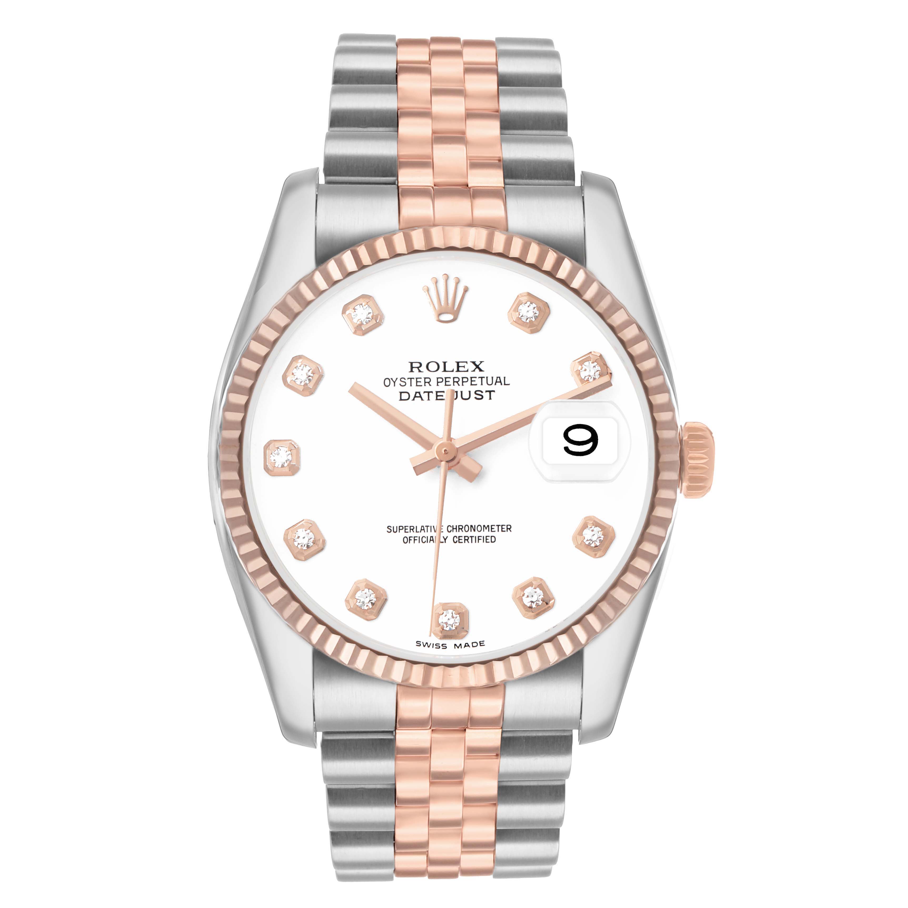 The Rolex Datejust 116231 Men's Steel and Gold (two tone) White Dial watch is shown from a top-down angle, displaying its dial, bezel, hands, date window, and bracelet.