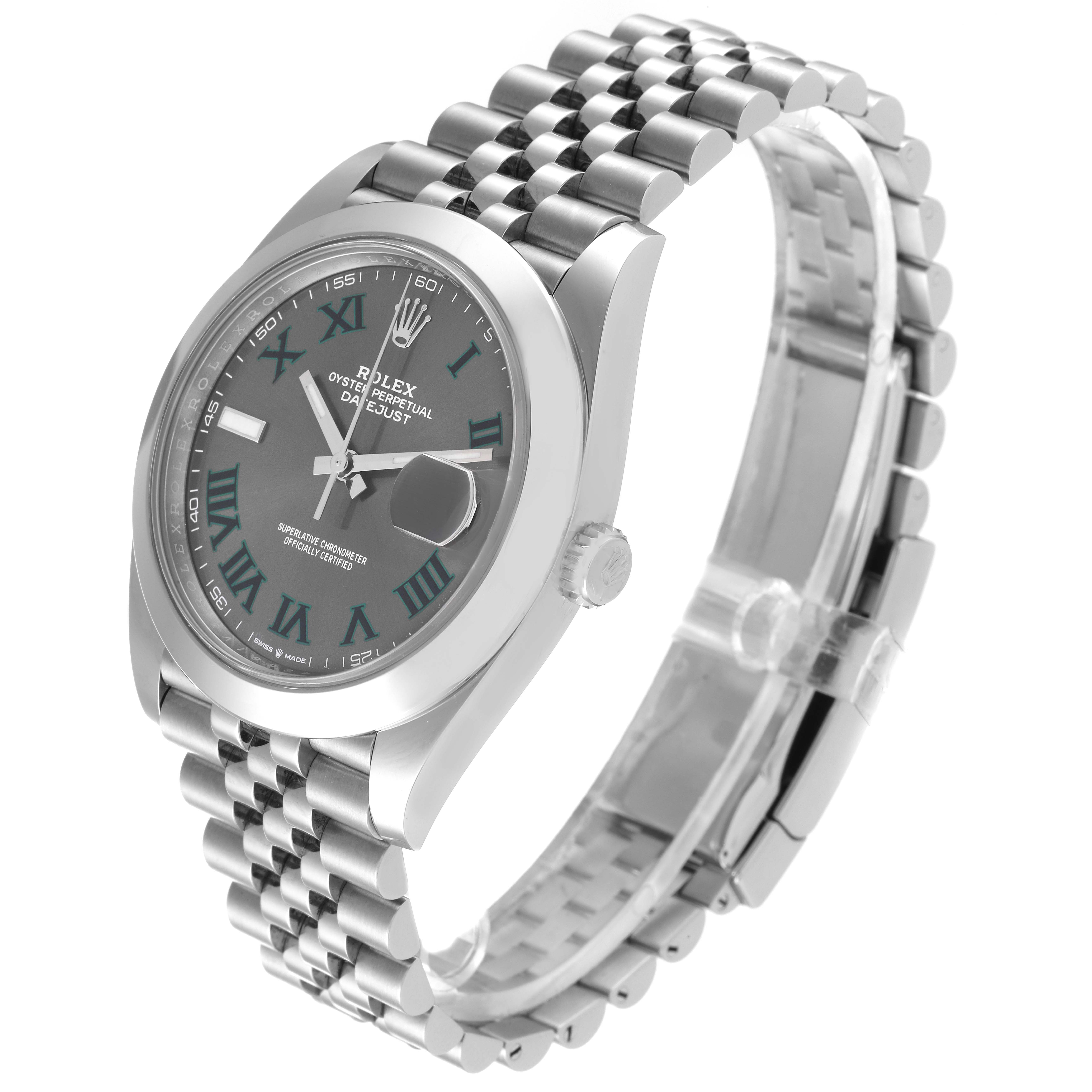 The image shows a side angle of the Rolex Datejust 41 126300 Men
s Stainless Steel Grey Dial 126300 Men
s Stainless Steel Grey Dial, featuring its gray dial, jubilee bracelet, and date magnifier.