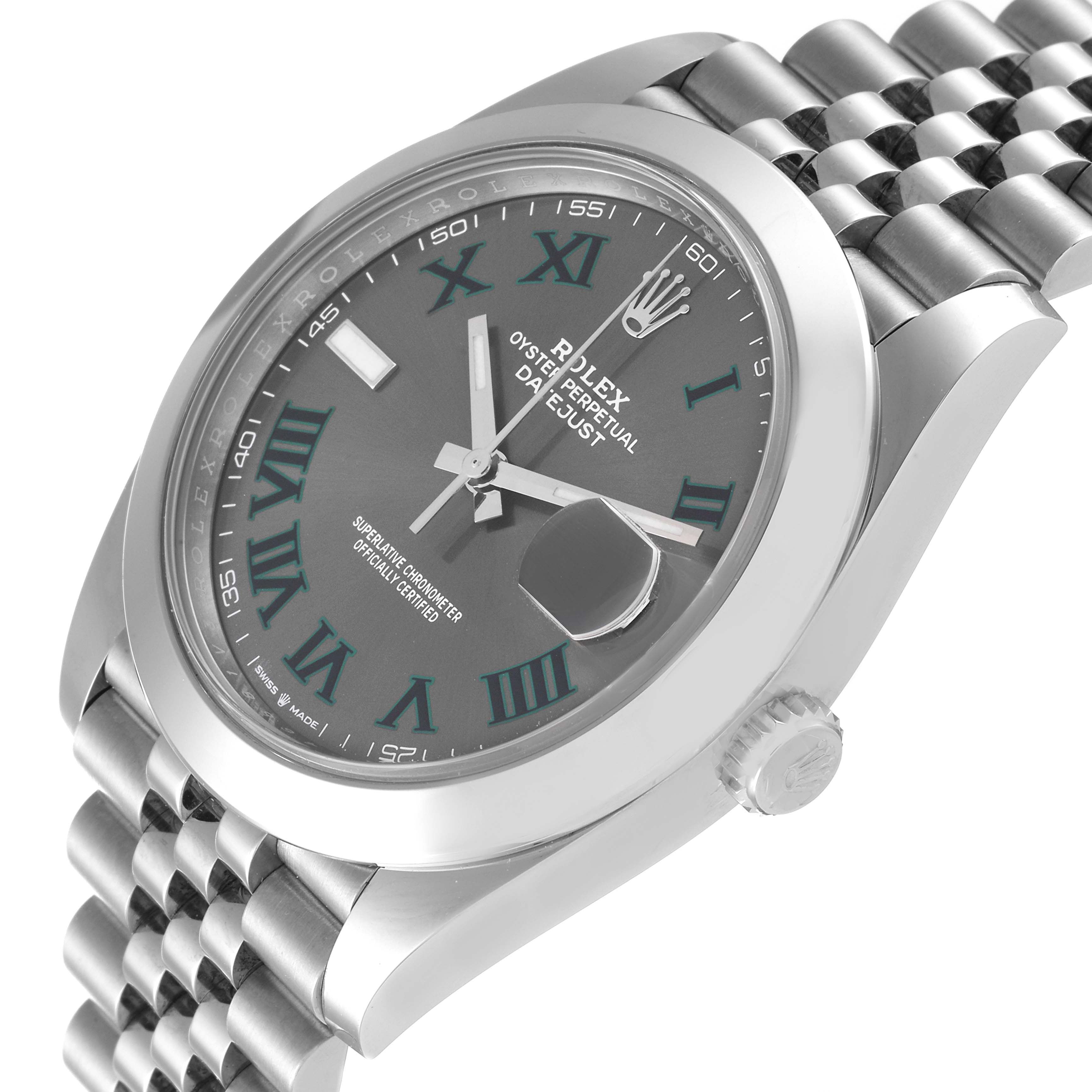 This image shows a Rolex Datejust 41 126300 Men
s Stainless Steel Grey Dial 126300 Men
s Stainless Steel Grey Dial watch at an angled close-up, highlighting the dial, crown, and part of the bracelet.