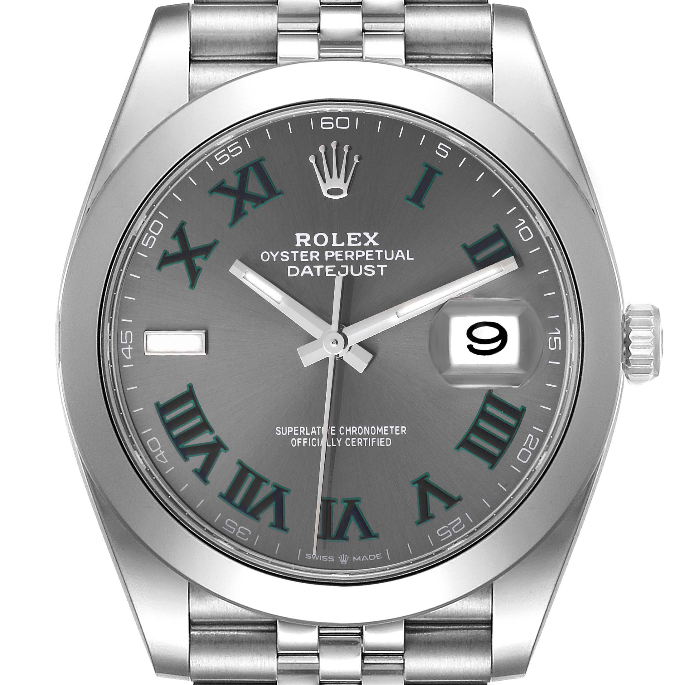 This image shows a Rolex Datejust 41 126300 Men
s Stainless Steel Grey Dial 126300 Men
s Stainless Steel Grey Dial watch from a front angle, highlighting its grey dial, Roman numeral markers, and date window at 3 o
clock.