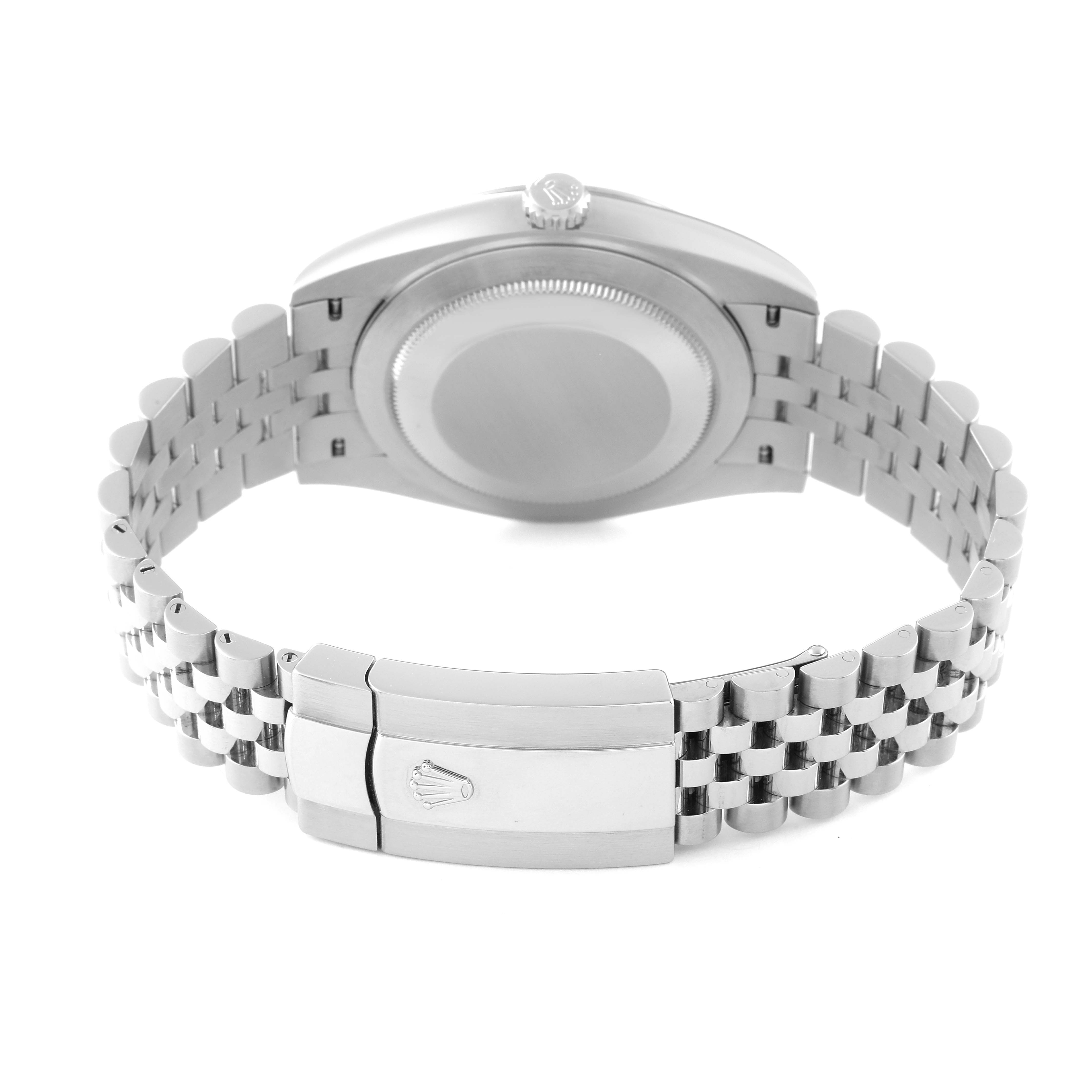 The image shows the back and clasp of the Rolex Datejust 41 126300 Men
s Stainless Steel Grey Dial 126300 Men
s Stainless Steel Grey Dial watch, highlighting the case and bracelet.