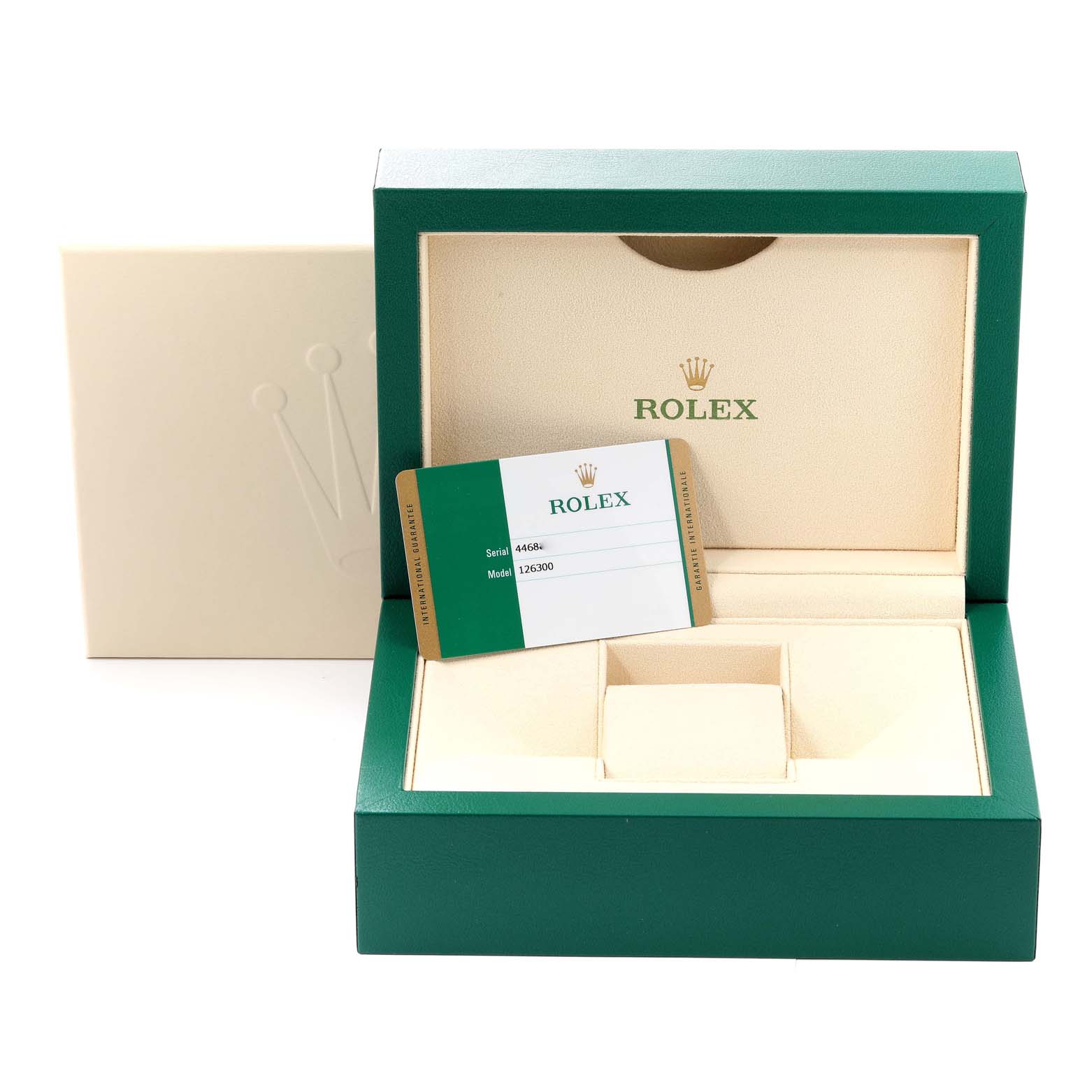 This image shows the open box and warranty card for a Rolex Datejust 41 126300 Men
s Stainless Steel Grey Dial 126300 Men
s Stainless Steel Grey Dial watch.