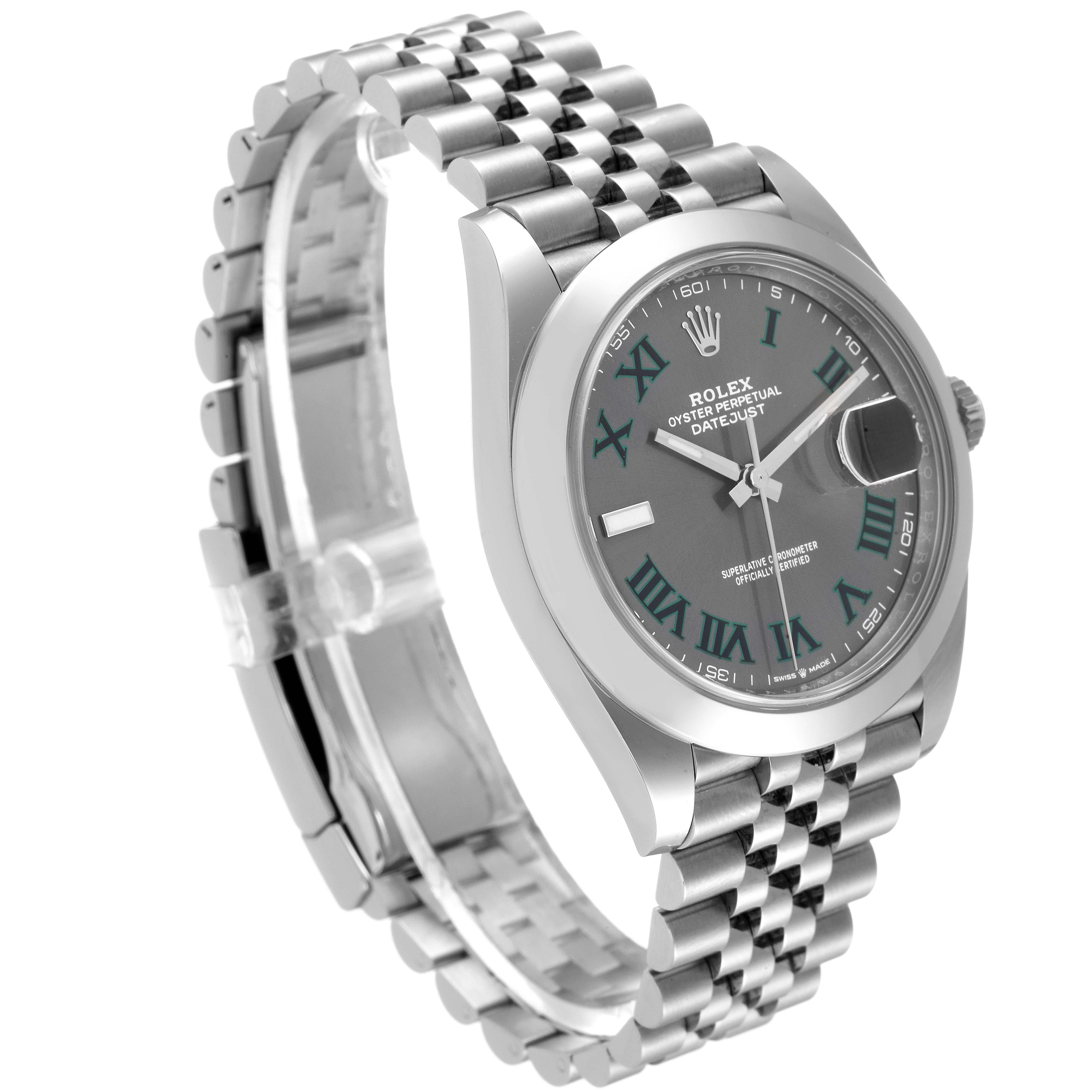 The Rolex Datejust 41 126300 Men
s Stainless Steel Grey Dial 126300 Men
s Stainless Steel Grey Dial watch is shown at a three-quarter angle, displaying the face, bezel, and bracelet clearly.