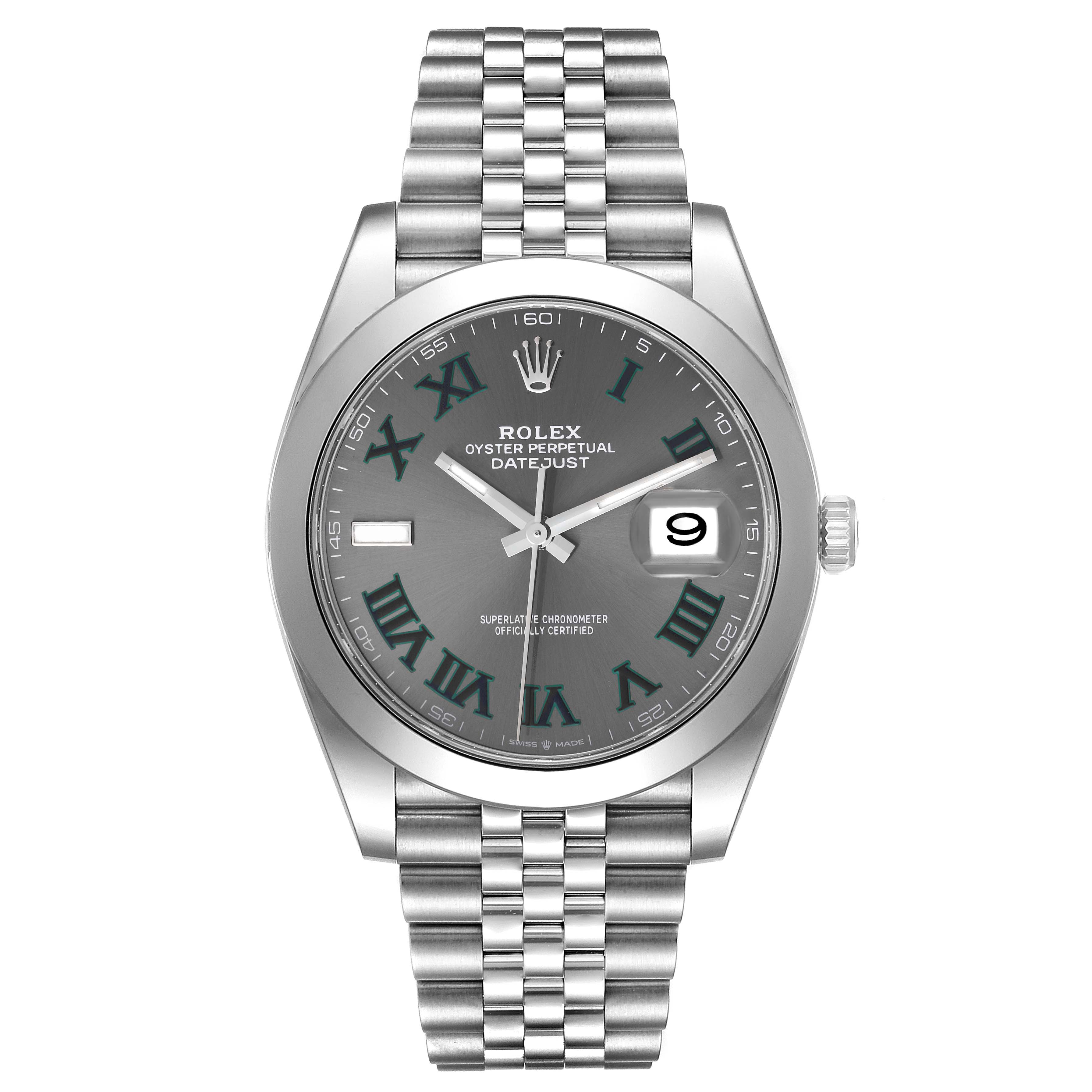 This image shows a front view of the Rolex Datejust 41 126300 Men
s Stainless Steel Grey Dial 126300 Men
s Stainless Steel Grey Dial model, featuring its dial, bracelet, and crown.
