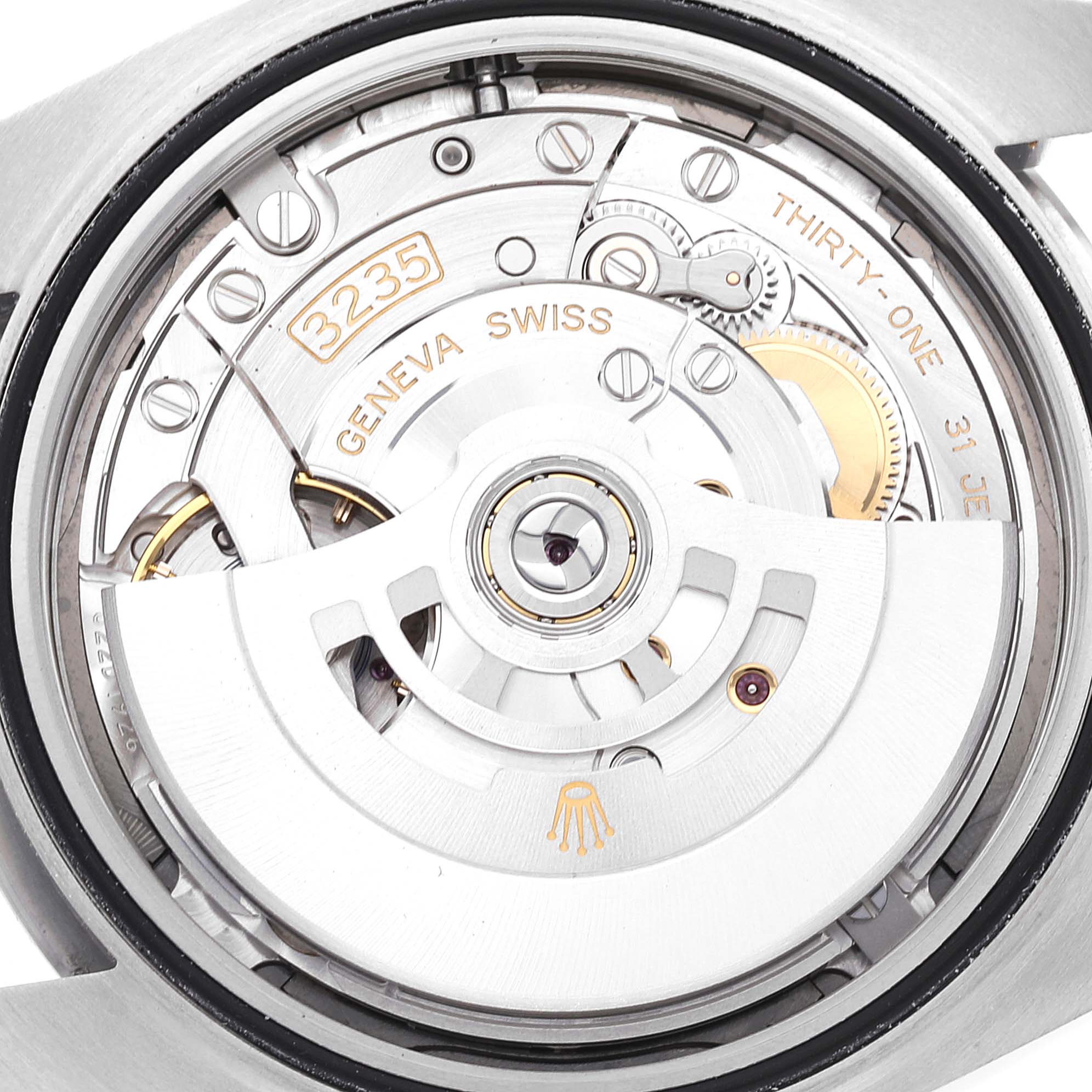 This image shows the movement mechanism of a Rolex Datejust 41 126300 Men
s Stainless Steel Grey Dial 126300 Men
s Stainless Steel Grey Dial watch from a back view angle.