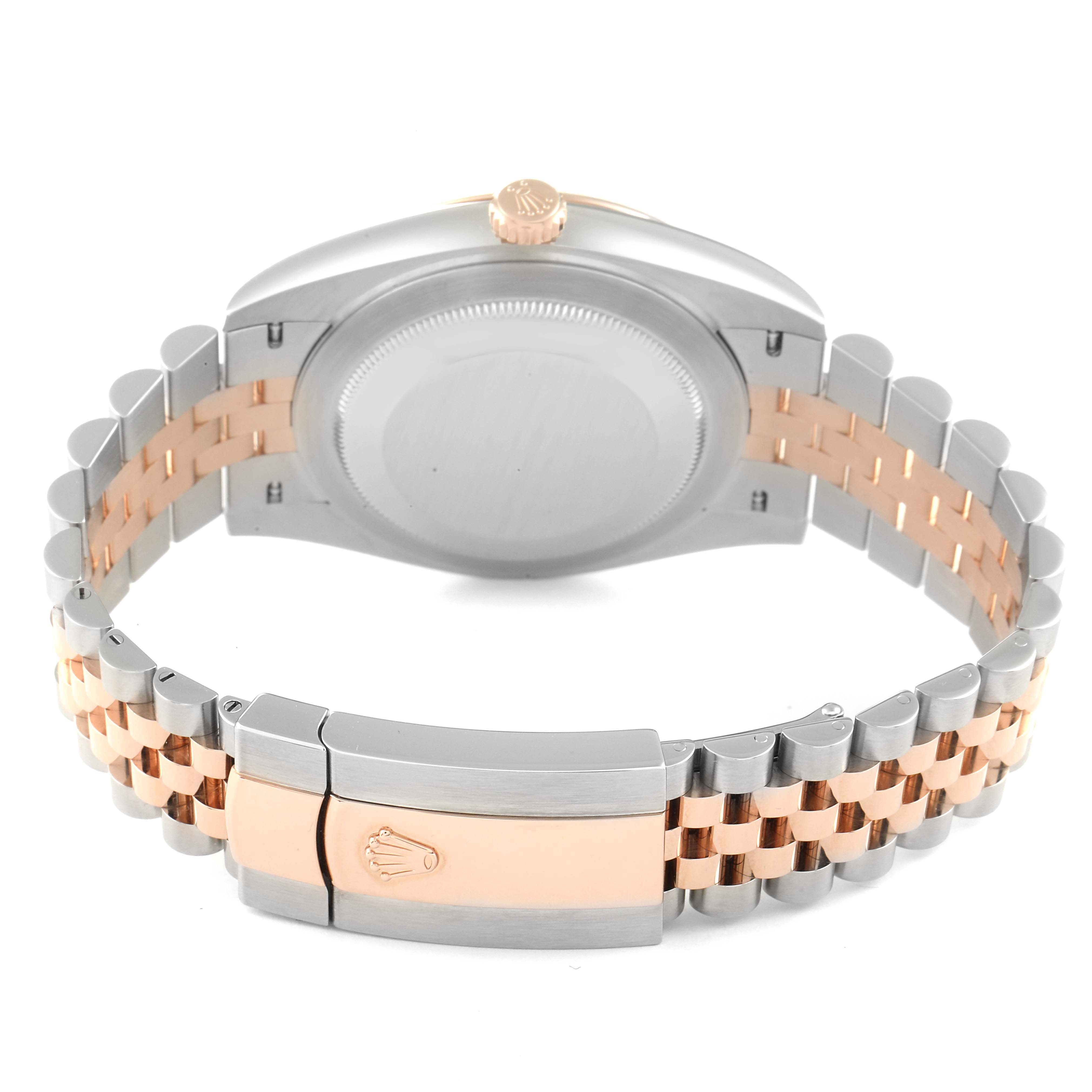 The image shows the back view of the Rolex Datejust 41 126331 Men's Steel and Gold (two tone) Brown Dial 126331 Men's Steel and Gold (two tone) Brown Dial watch, highlighting its case, crown, and bracelet clasp.