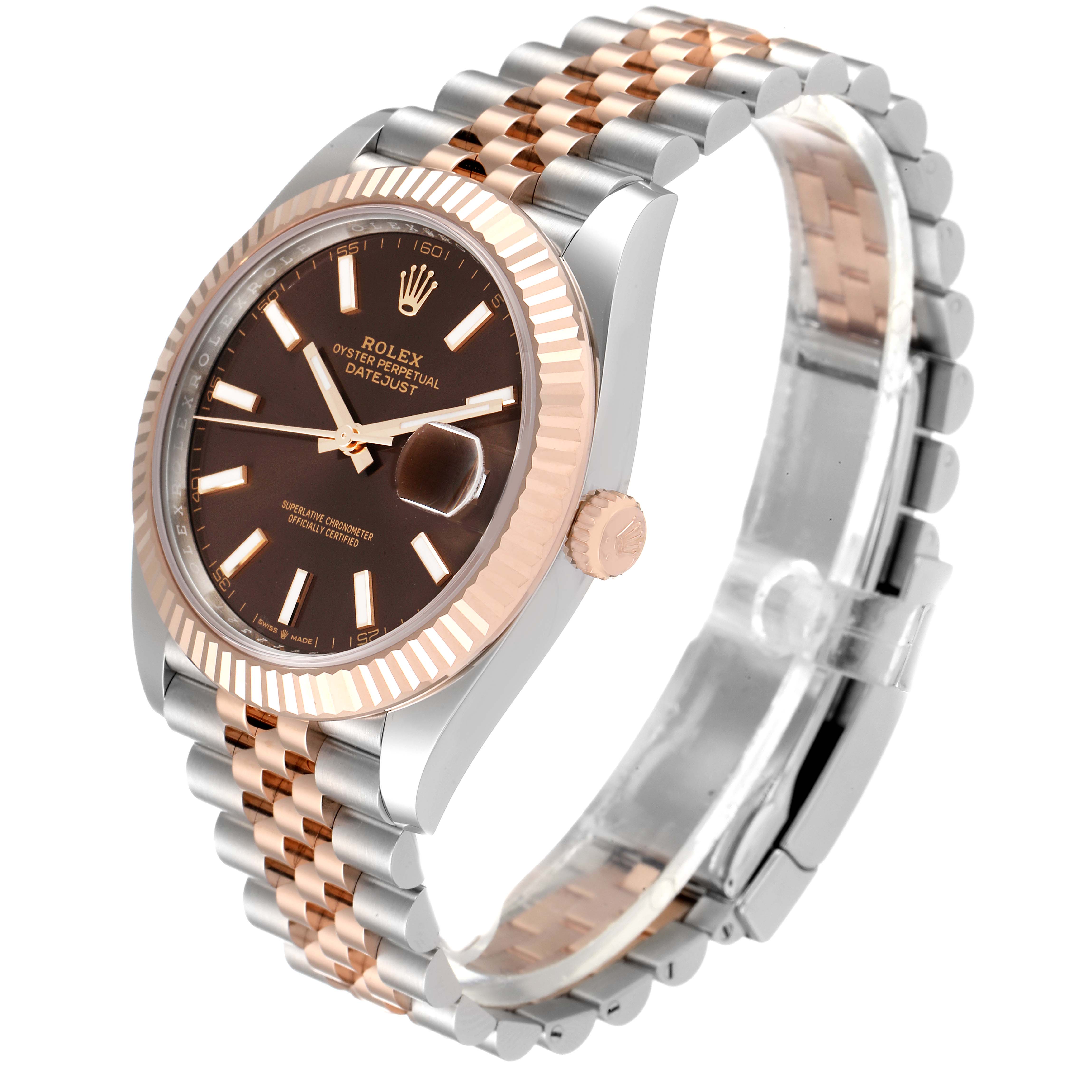 The image shows a Rolex Datejust 41 126331 Men's Steel and Gold (two tone) Brown Dial 126331 Men's Steel and Gold (two tone) Brown Dial watch at a three-quarter angle, highlighting its dial, bezel, and Jubilee bracelet.
