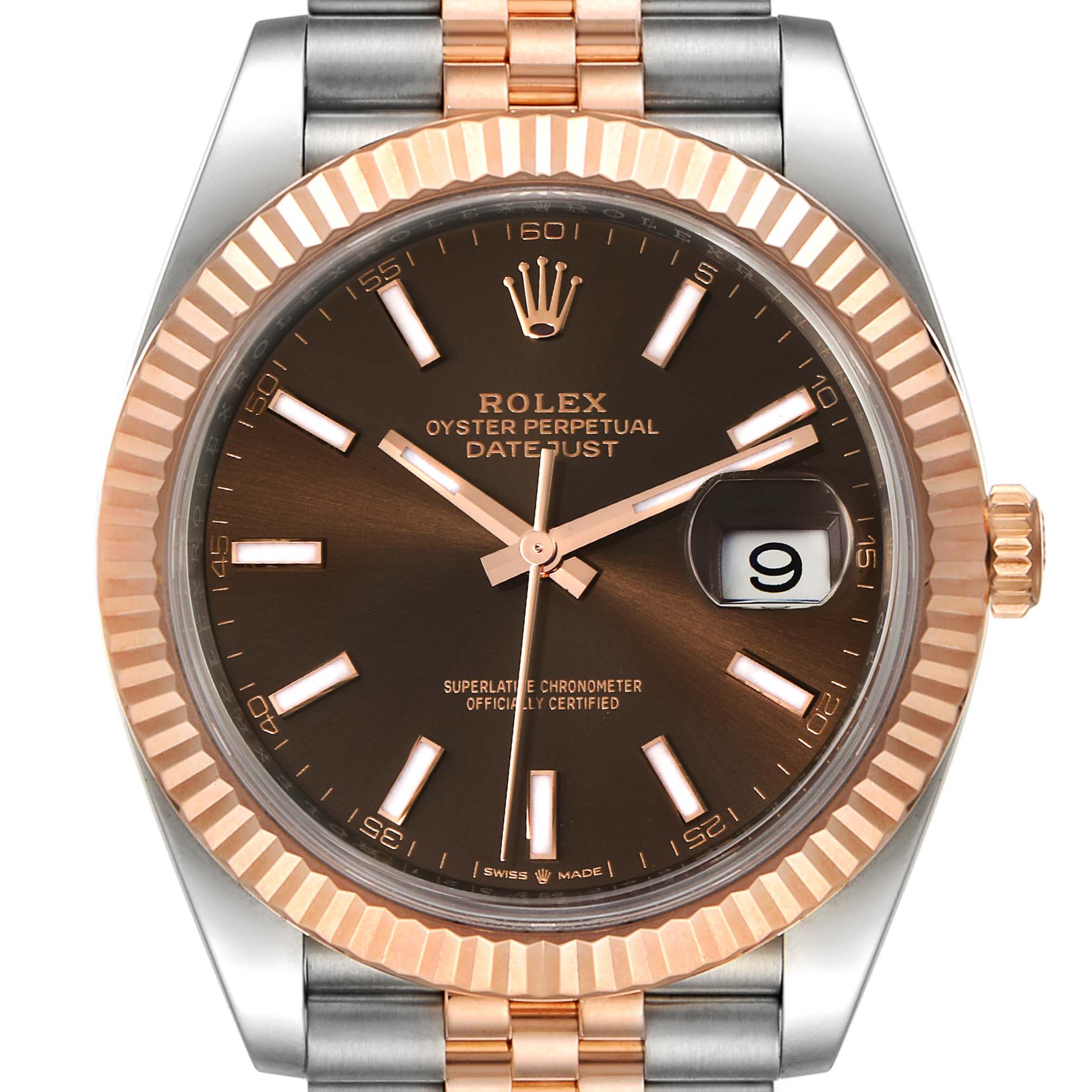 The image shows the front view of the Rolex Datejust 41 126331 Men's Steel and Gold (two tone) Brown Dial 126331 Men's Steel and Gold (two tone) Brown Dial watch, featuring its dial, bezel, and part of the bracelet.
