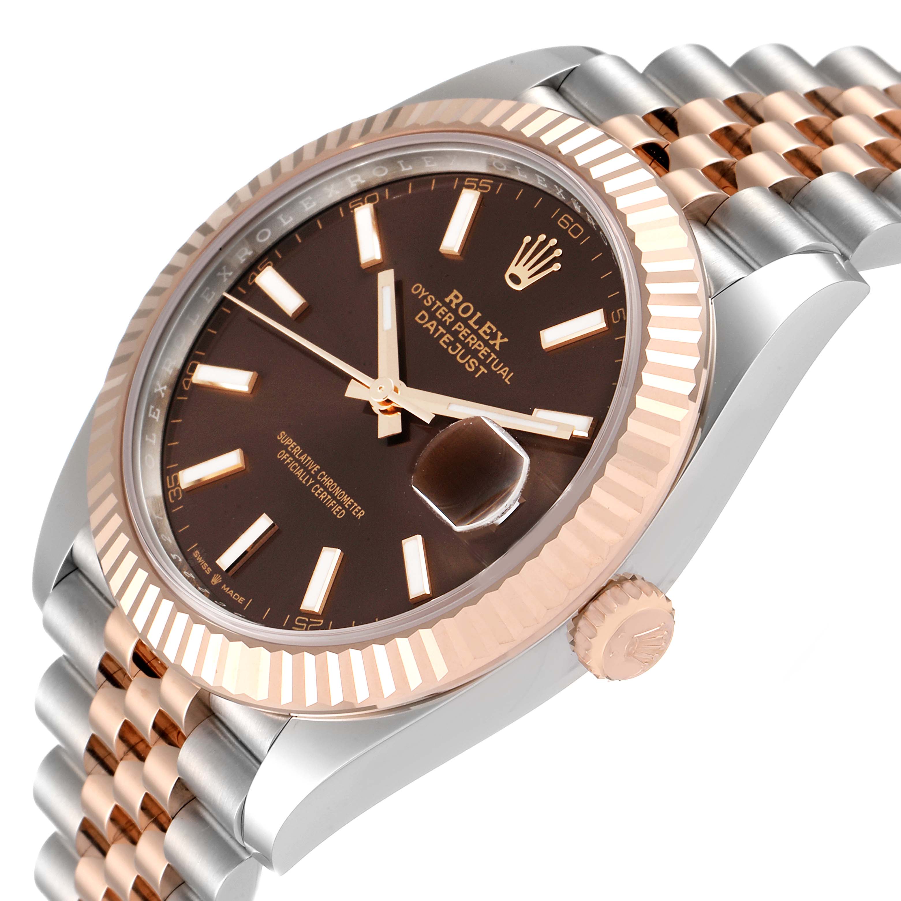 The image shows a close-up angle of the Rolex Datejust 41 126331 Men's Steel and Gold (two tone) Brown Dial 126331 Men's Steel and Gold (two tone) Brown Dial watch, highlighting the dial, fluted bezel, crown, and part of the Jubilee bracelet.