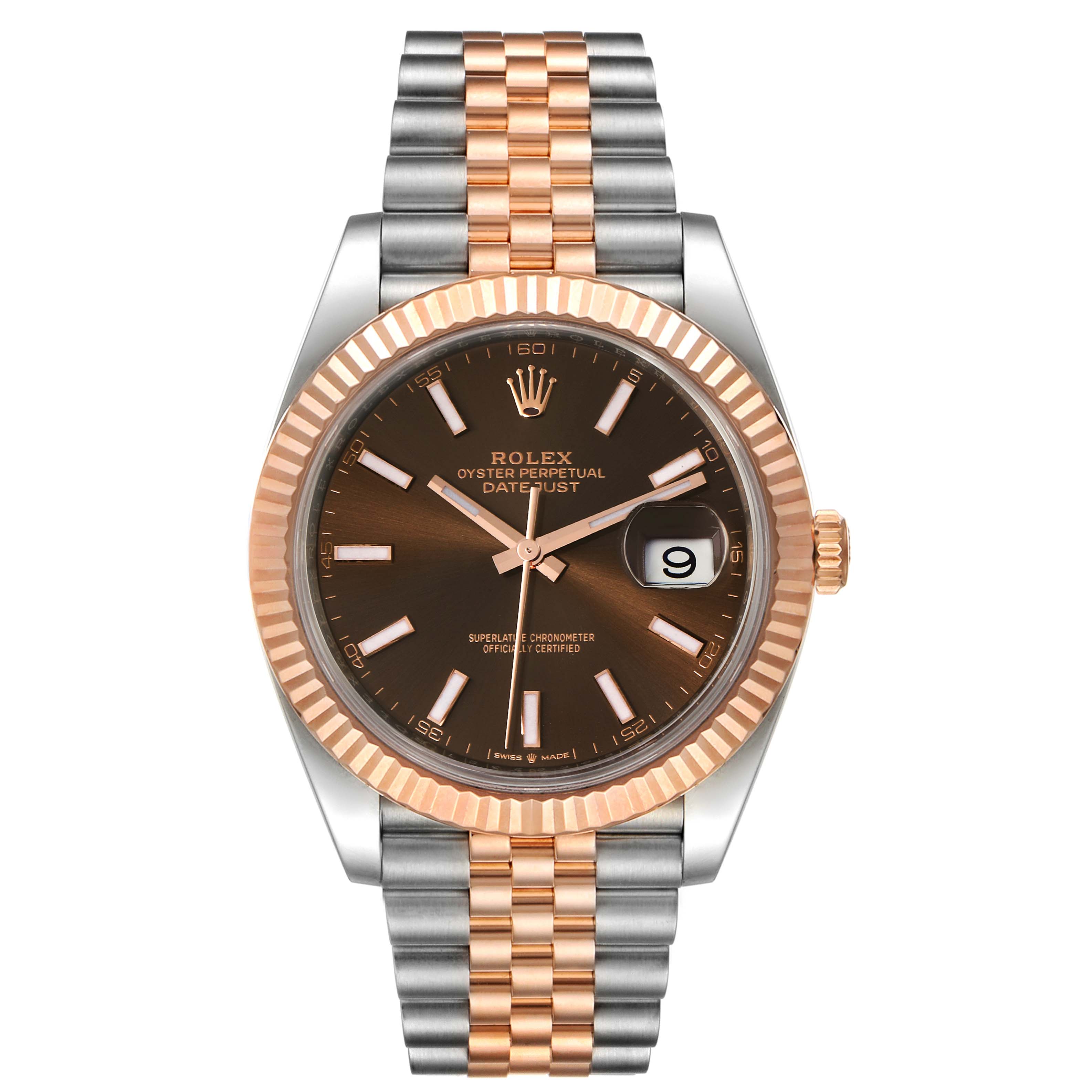 The image shows a Rolex Datejust 41 126331 Men's Steel and Gold (two tone) Brown Dial 126331 Men's Steel and Gold (two tone) Brown Dial watch from a front angle, highlighting its dial, bezel, bracelet, and date window.