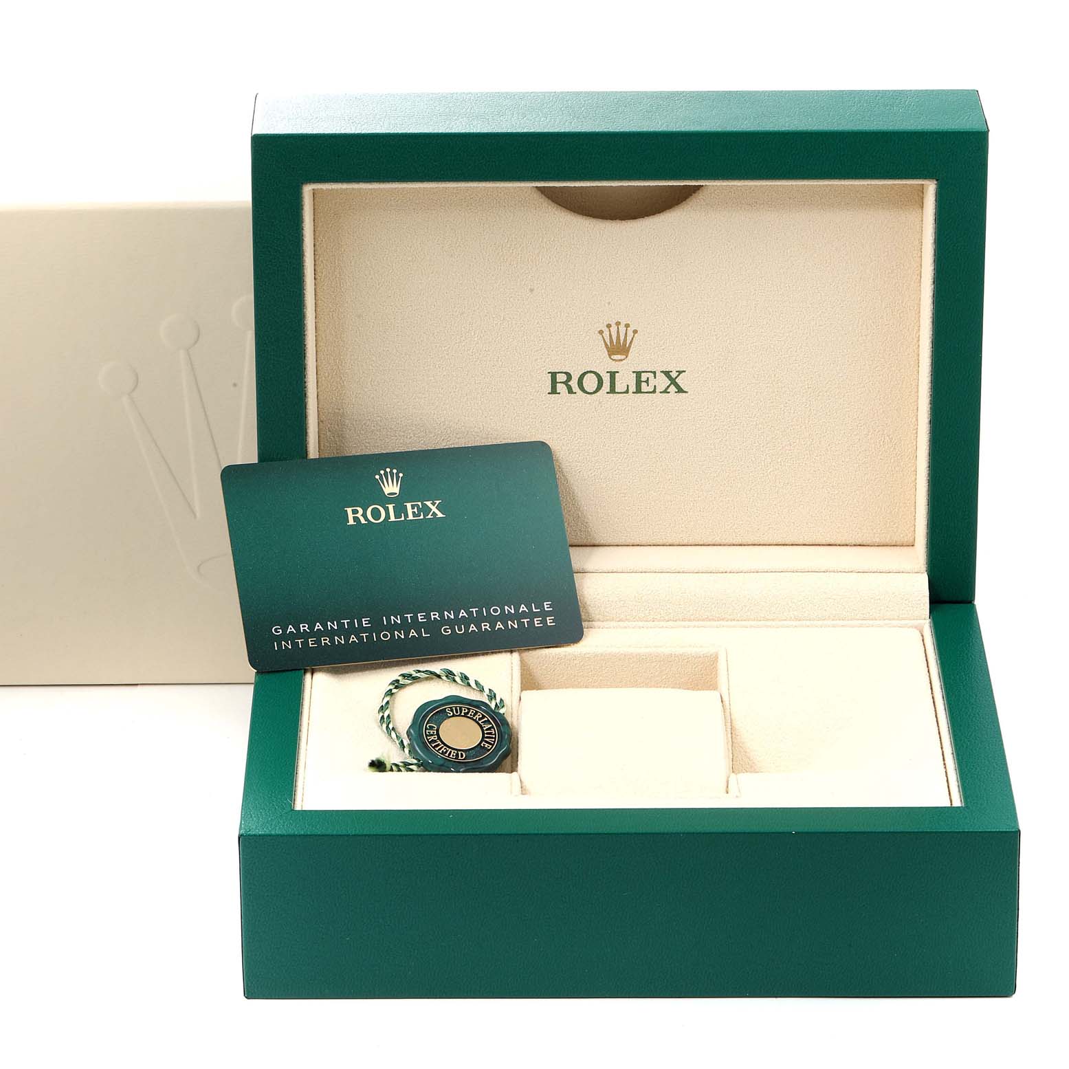 The image shows the open box of a Rolex Datejust 41 126331 Men's Steel and Gold (two tone) Brown Dial 126331 Men's Steel and Gold (two tone) Brown Dial, including the international guarantee card and a tag inside.