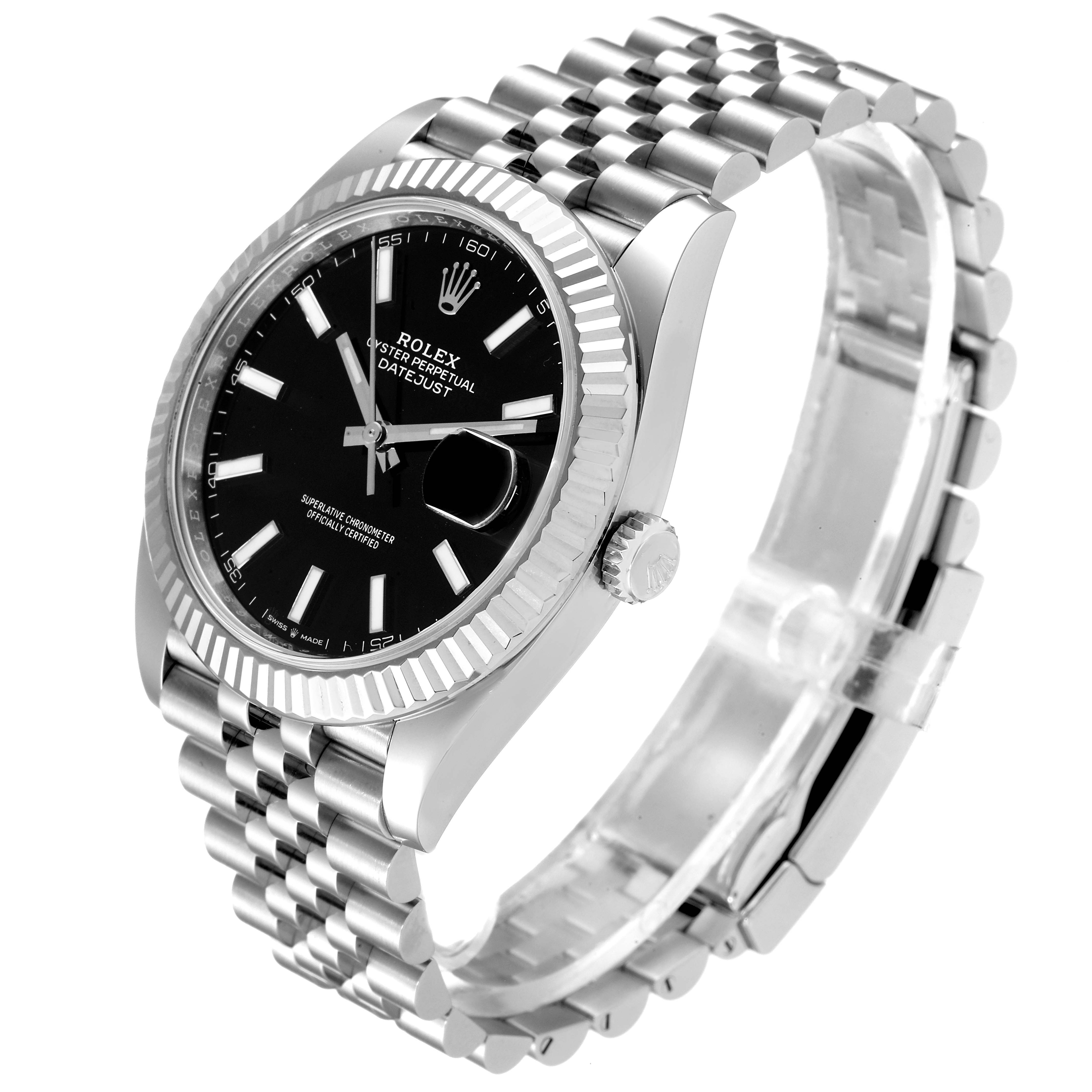 This image shows a Rolex Datejust 41 126334 Men
s Stainless Steel Black Dial 126334 Men
s Stainless Steel Black Dial watch at an angled side view, highlighting the dial, fluted bezel, crown, and bracelet.