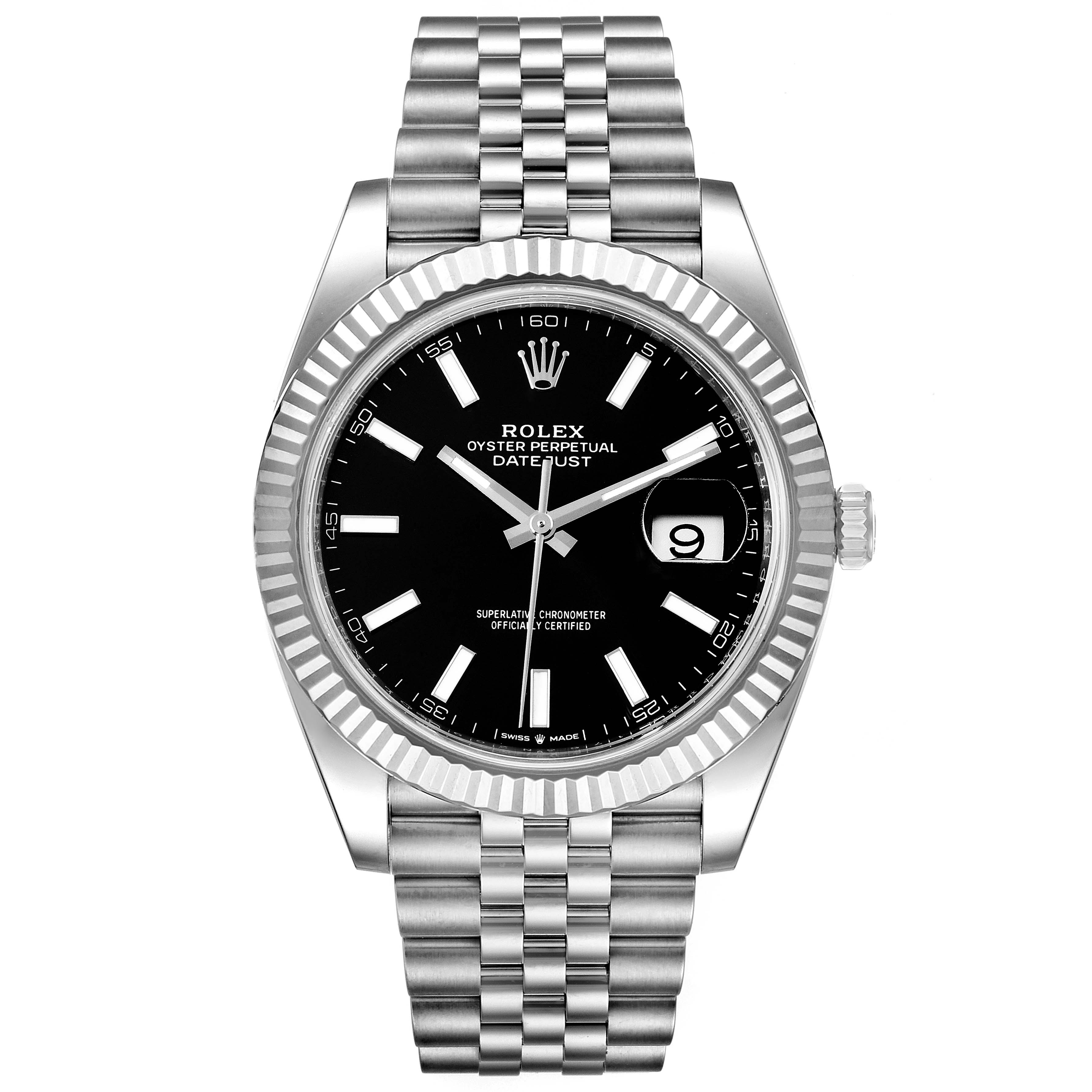 The image shows a frontal view of the Rolex Datejust 41 126334 Men
s Stainless Steel Black Dial 126334 Men
s Stainless Steel Black Dial watch, highlighting the dial, bezel, crown, and bracelet.