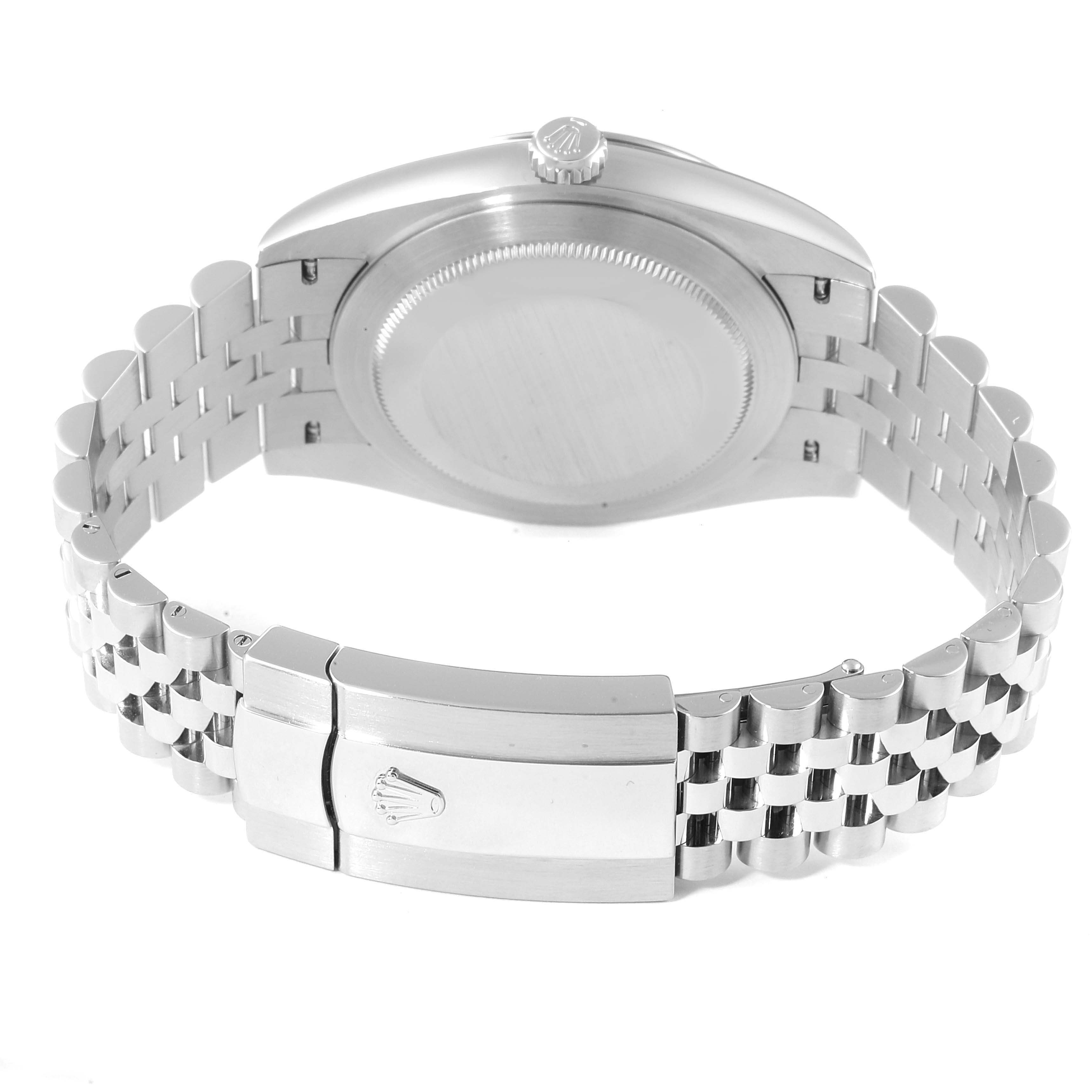 The image shows the backside, clasp, and bracelet of a Rolex Datejust 41 126334 Men
s Stainless Steel Black Dial 126334 Men
s Stainless Steel Black Dial.