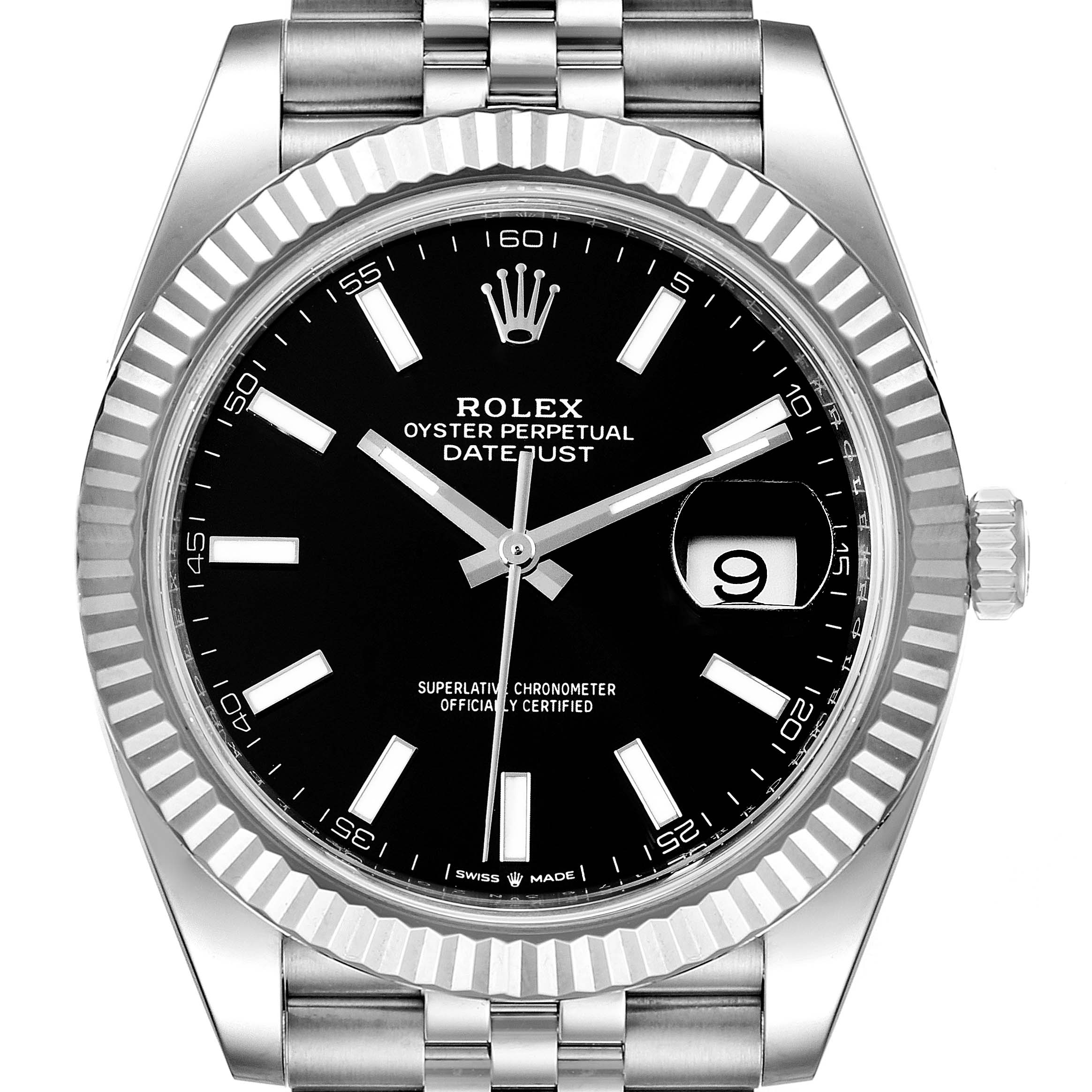 This is a front view of the Rolex Datejust 41 126334 Men
s Stainless Steel Black Dial 126334 Men
s Stainless Steel Black Dial watch showing the face, bezel, crown, and part of the Jubilee bracelet.