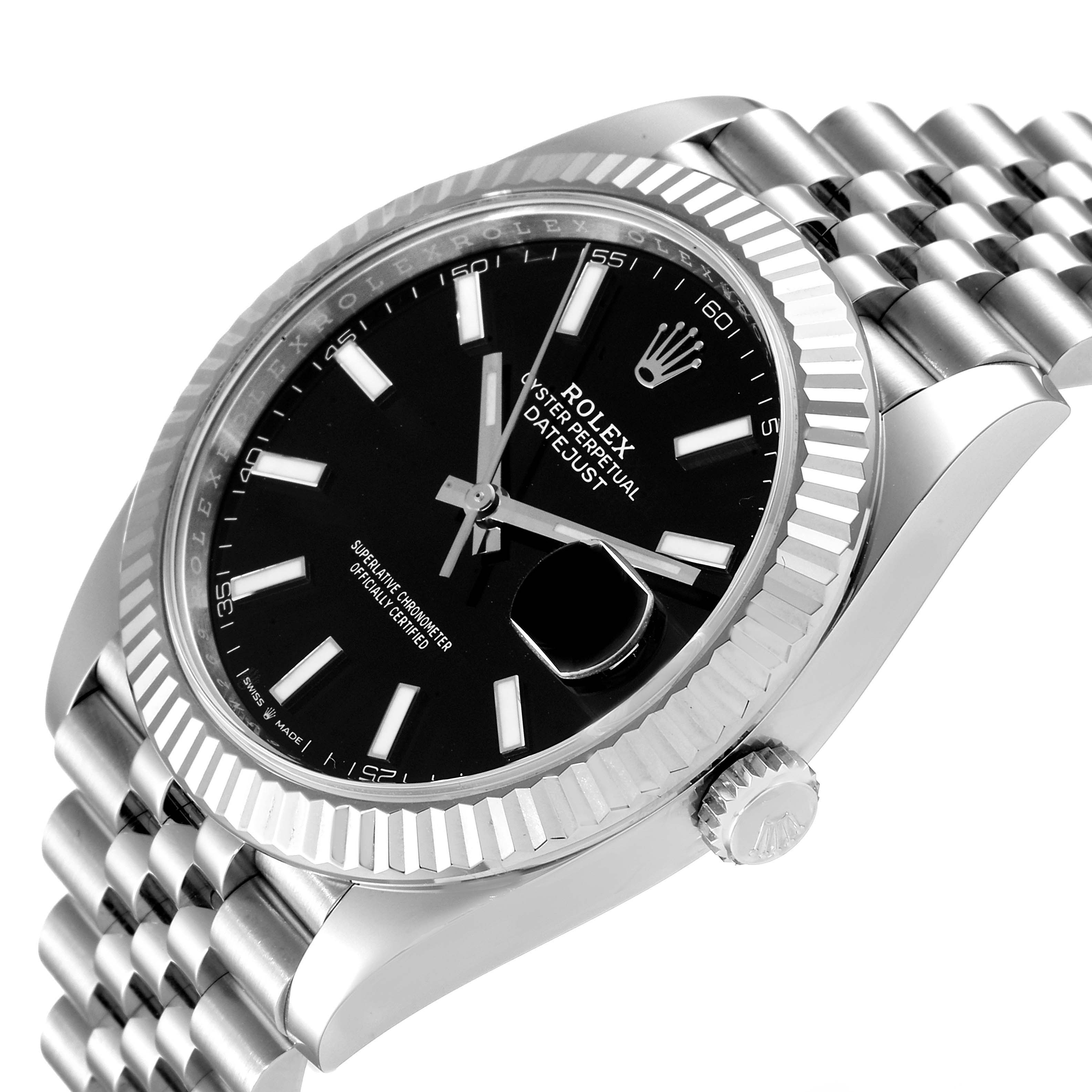 The image shows a close-up of the Rolex Datejust 41 126334 Men
s Stainless Steel Black Dial 126334 Men
s Stainless Steel Black Dial watch from an angled side perspective, highlighting the dial, bezel, crown, and part of the bracelet.