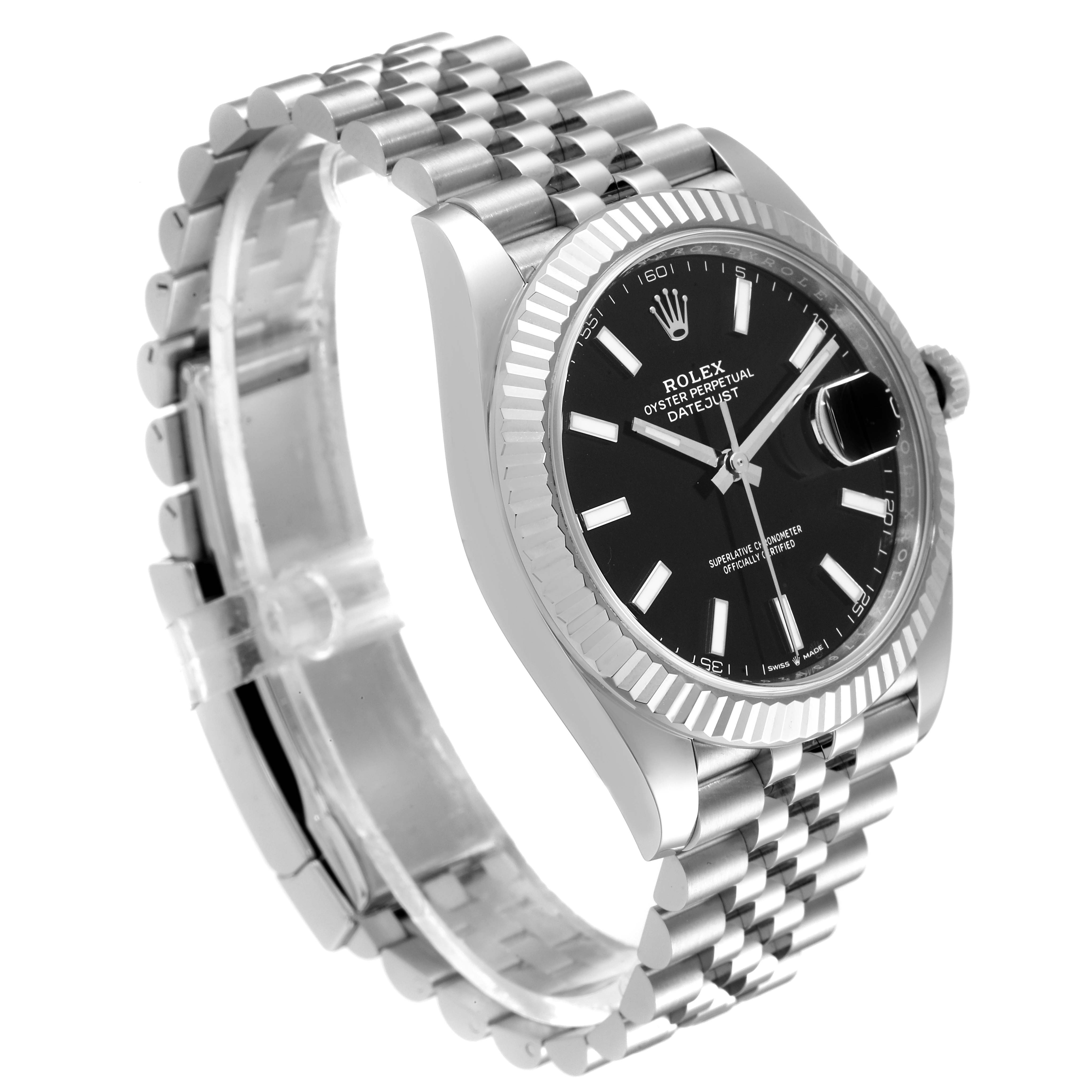 The Rolex Datejust 41 126334 Men
s Stainless Steel Black Dial 126334 Men
s Stainless Steel Black Dial watch is shown from a three-quarter side angle, highlighting its face, bezel, and bracelet.