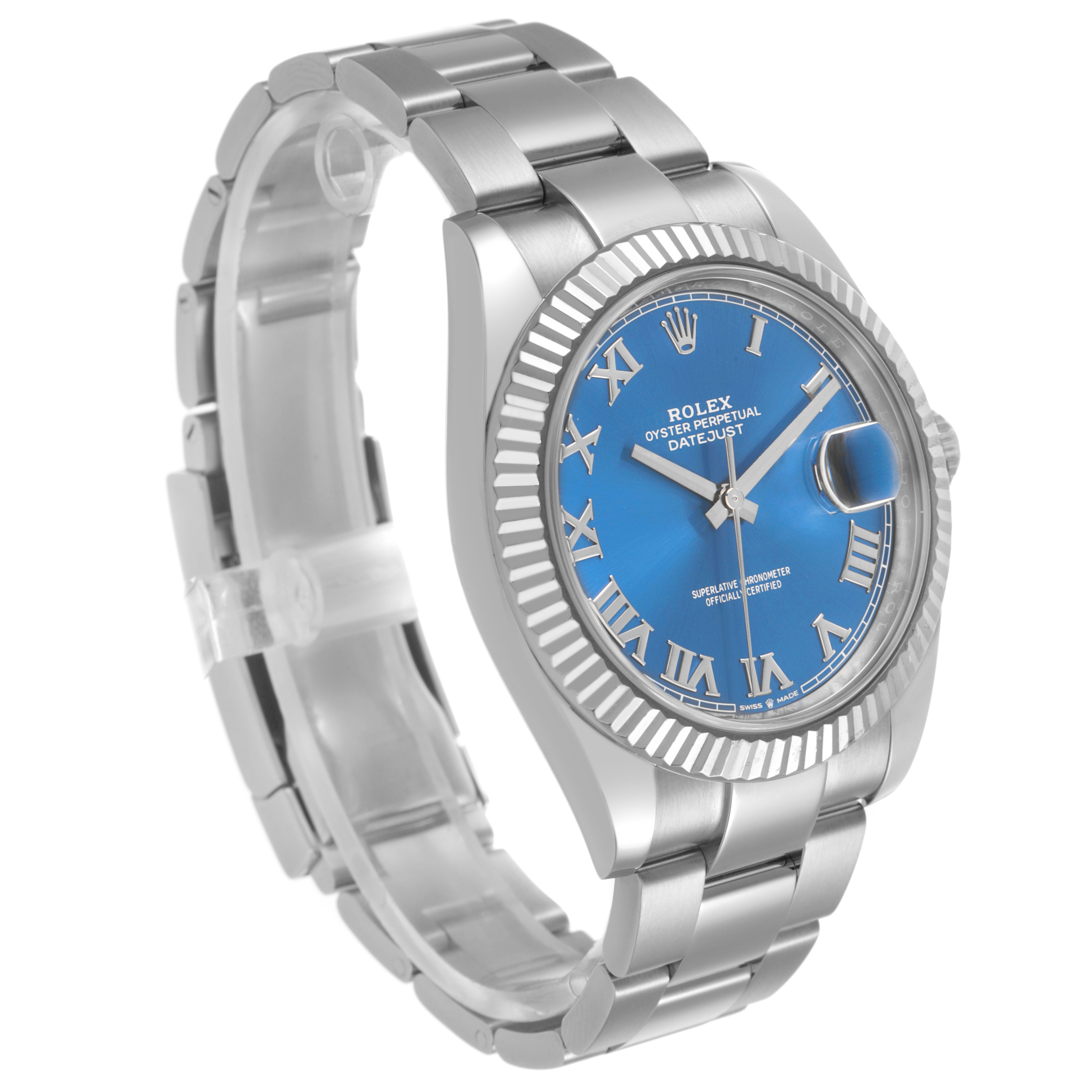 The Rolex Datejust 41 126334 Men's Stainless Steel Blue Dial is shown at a three-quarter angle, highlighting its blue dial, fluted bezel, and Oyster bracelet.