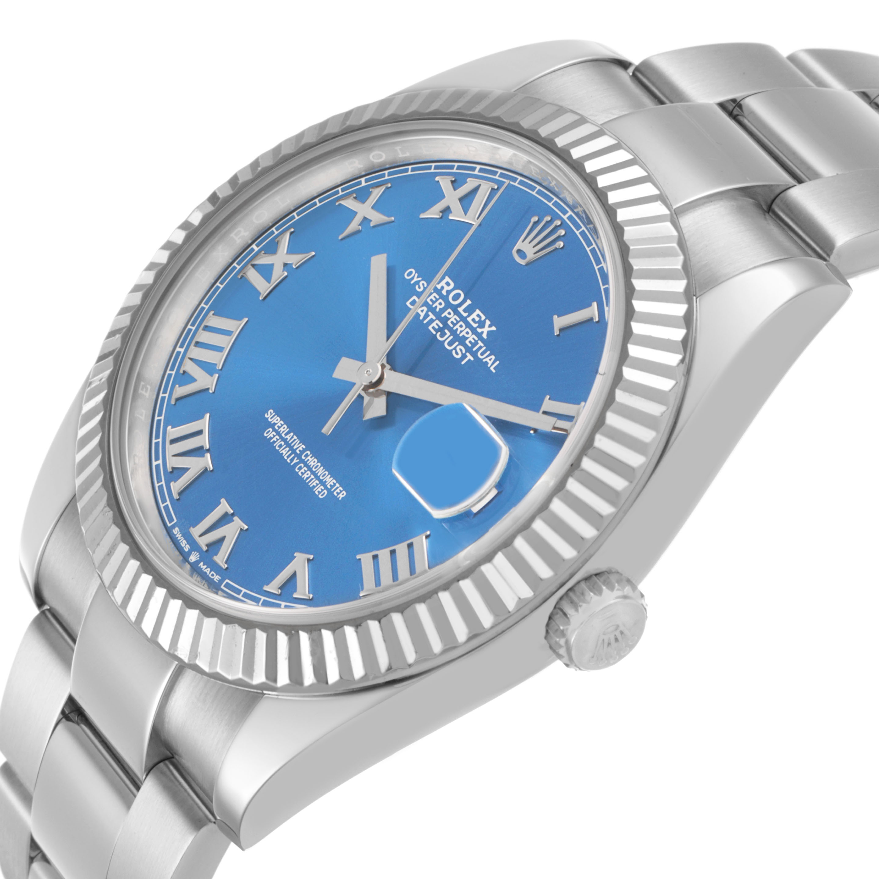 The Rolex Datejust 41 126334 Men's Stainless Steel Blue Dial is shown at an angled side view, highlighting the blue Roman numeral dial, fluted bezel, and bracelet.