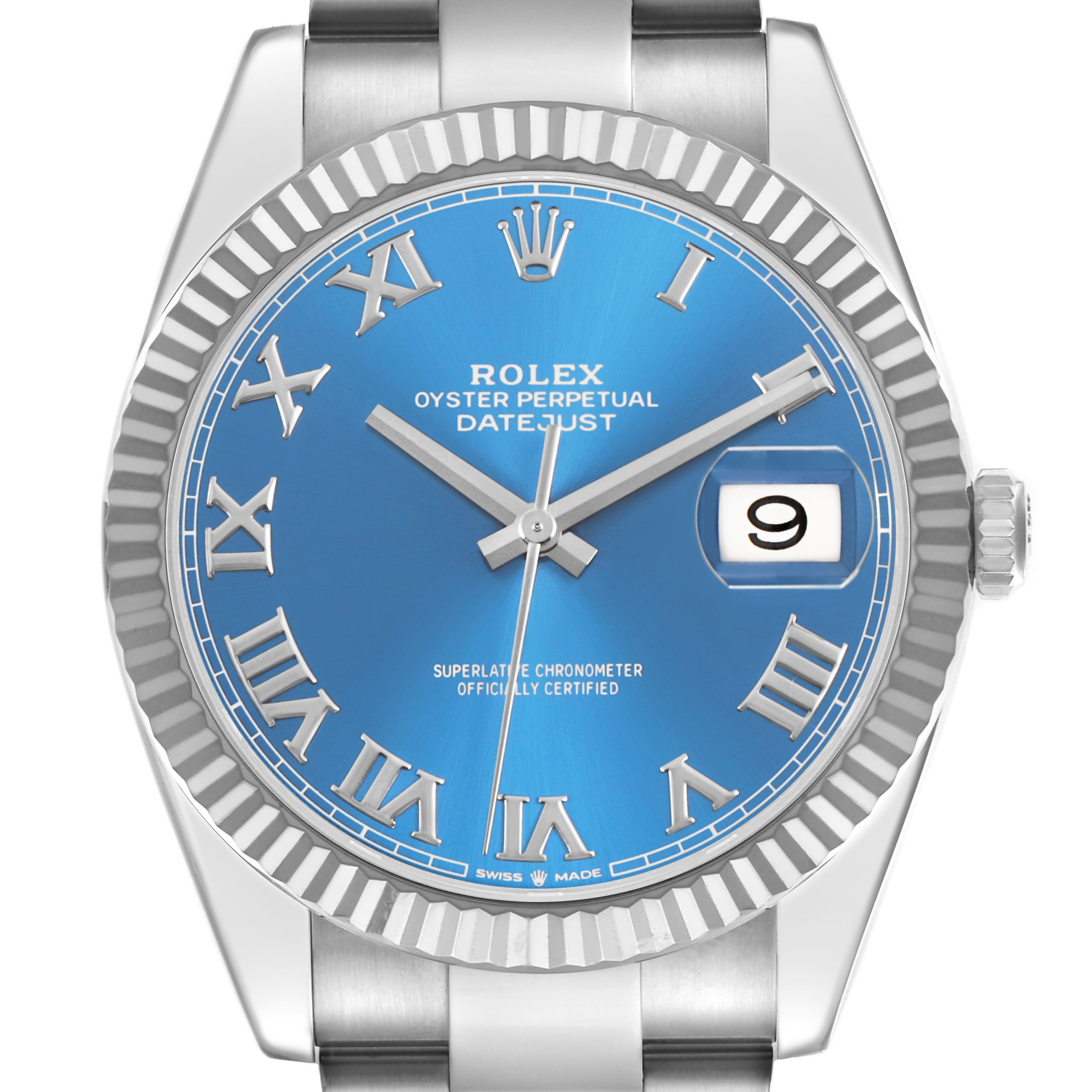 The Rolex Datejust 41 126334 Men's Stainless Steel Blue Dial watch is shown from the front, highlighting its blue dial, Roman numeral markers, date window, and fluted bezel.