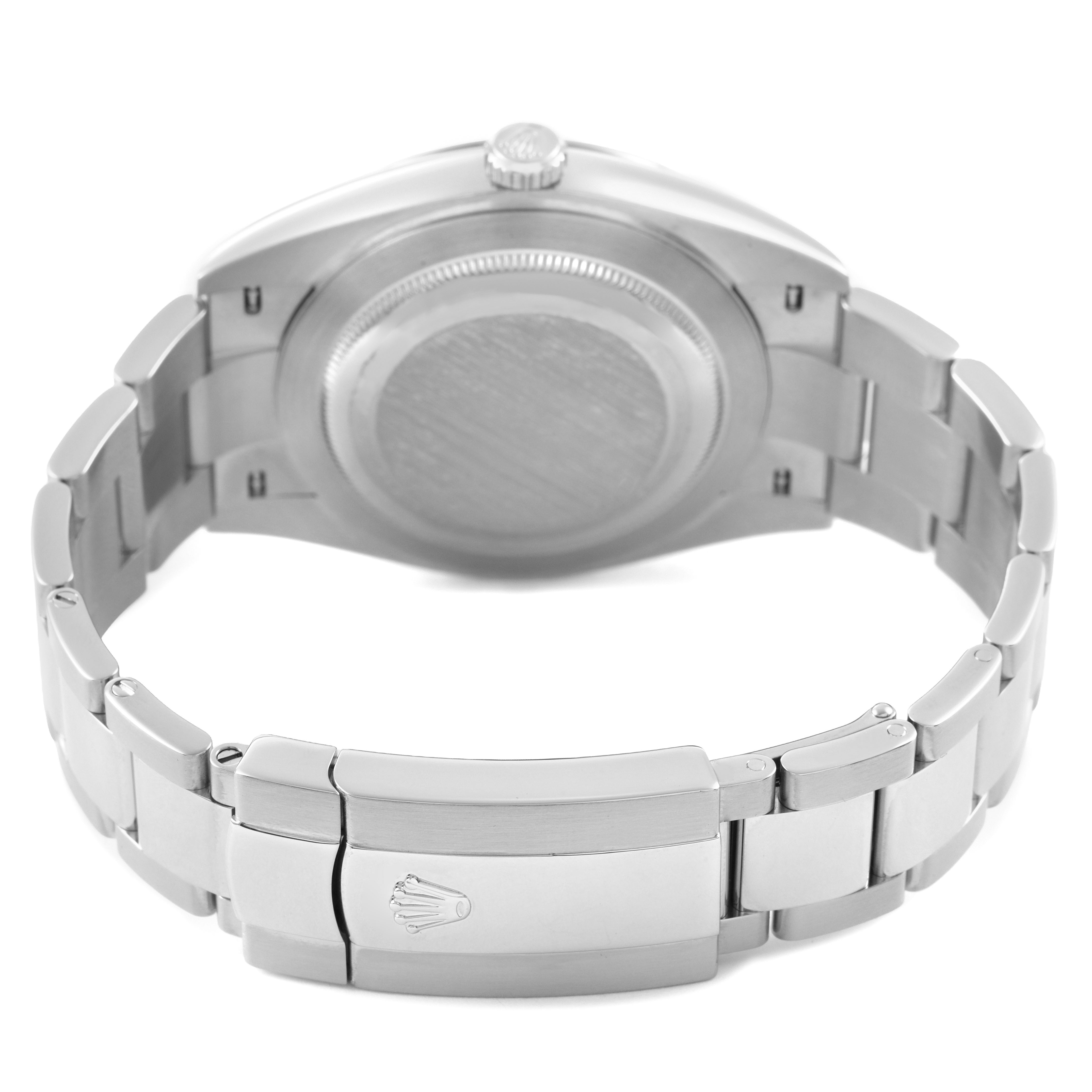The image shows the backside of the Rolex Datejust 41 126334 Men's Stainless Steel Blue Dial, highlighting the case back, bracelet, and clasp.