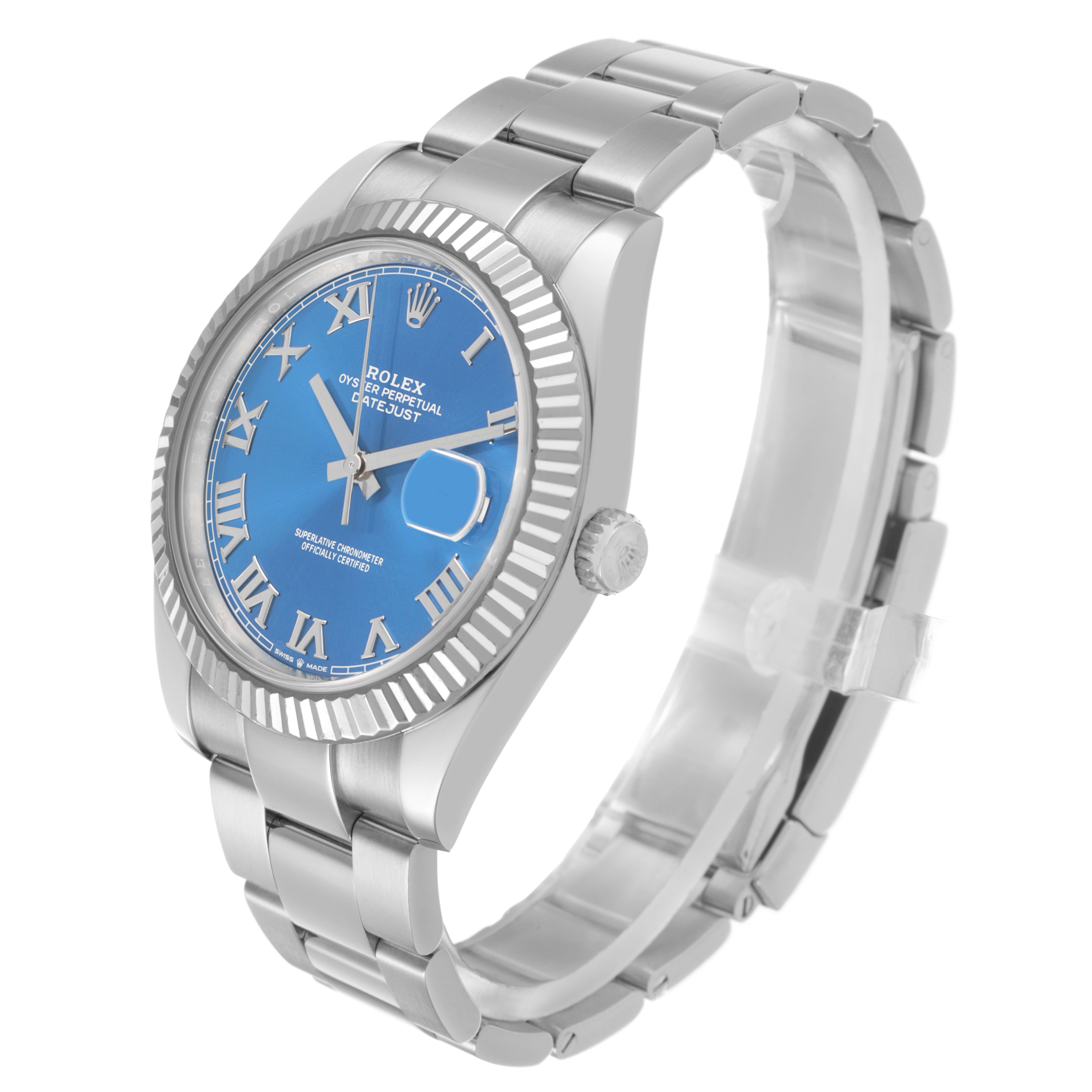 The Rolex Datejust 41 126334 Men's Stainless Steel Blue Dial is shown at a three-quarter angle, displaying the dial, bezel, crown, and bracelet.