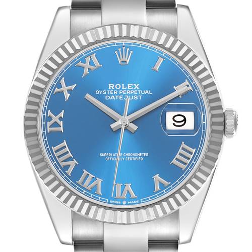 The Rolex Datejust 41 126334 Men's Stainless Steel Blue Dial watch is shown from the front, highlighting the blue dial, fluted bezel, and Roman numerals.