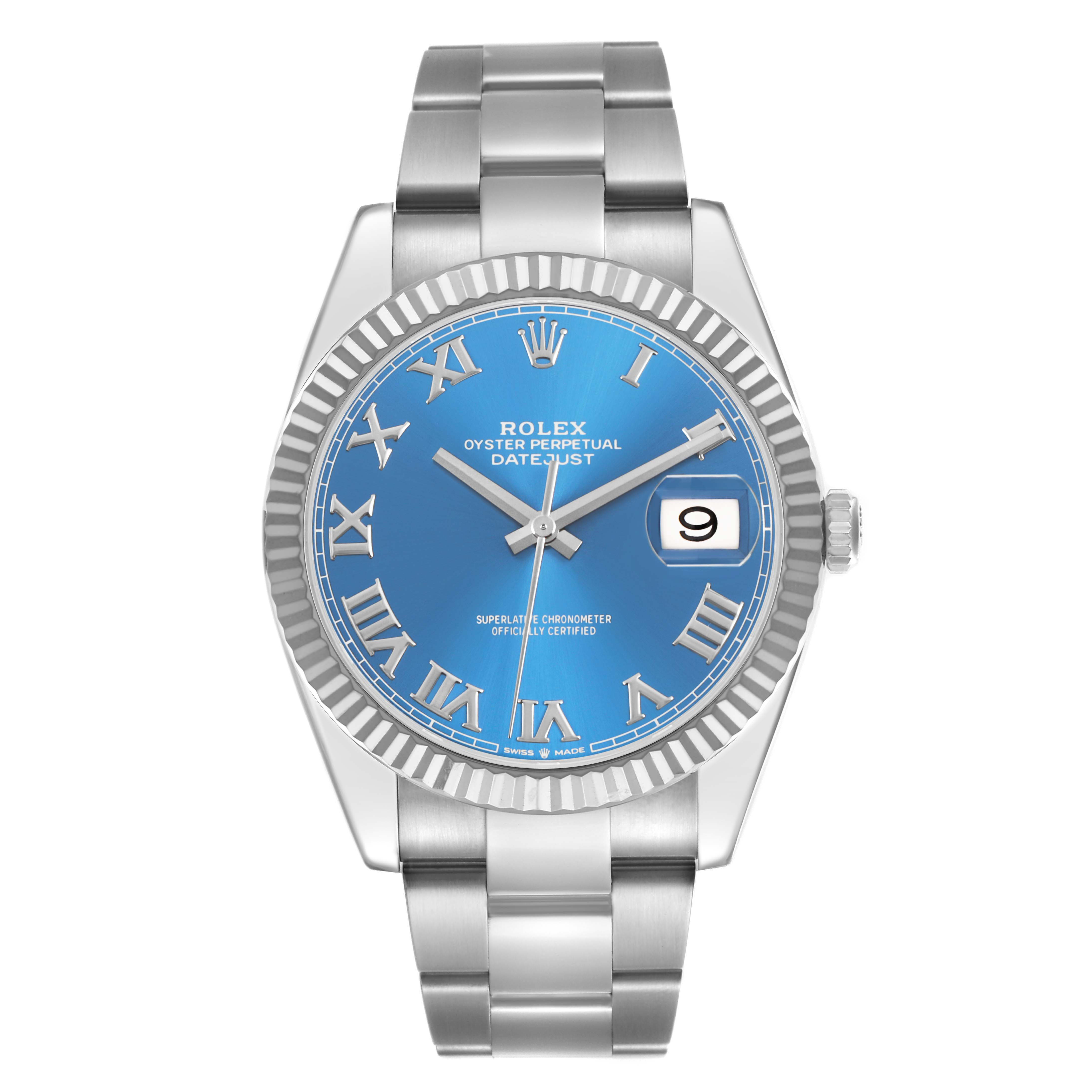 The Rolex Datejust 41 126334 Men's Stainless Steel Blue Dial watch is shown from a front angle, displaying its blue dial, Roman numerals, and bracelet.