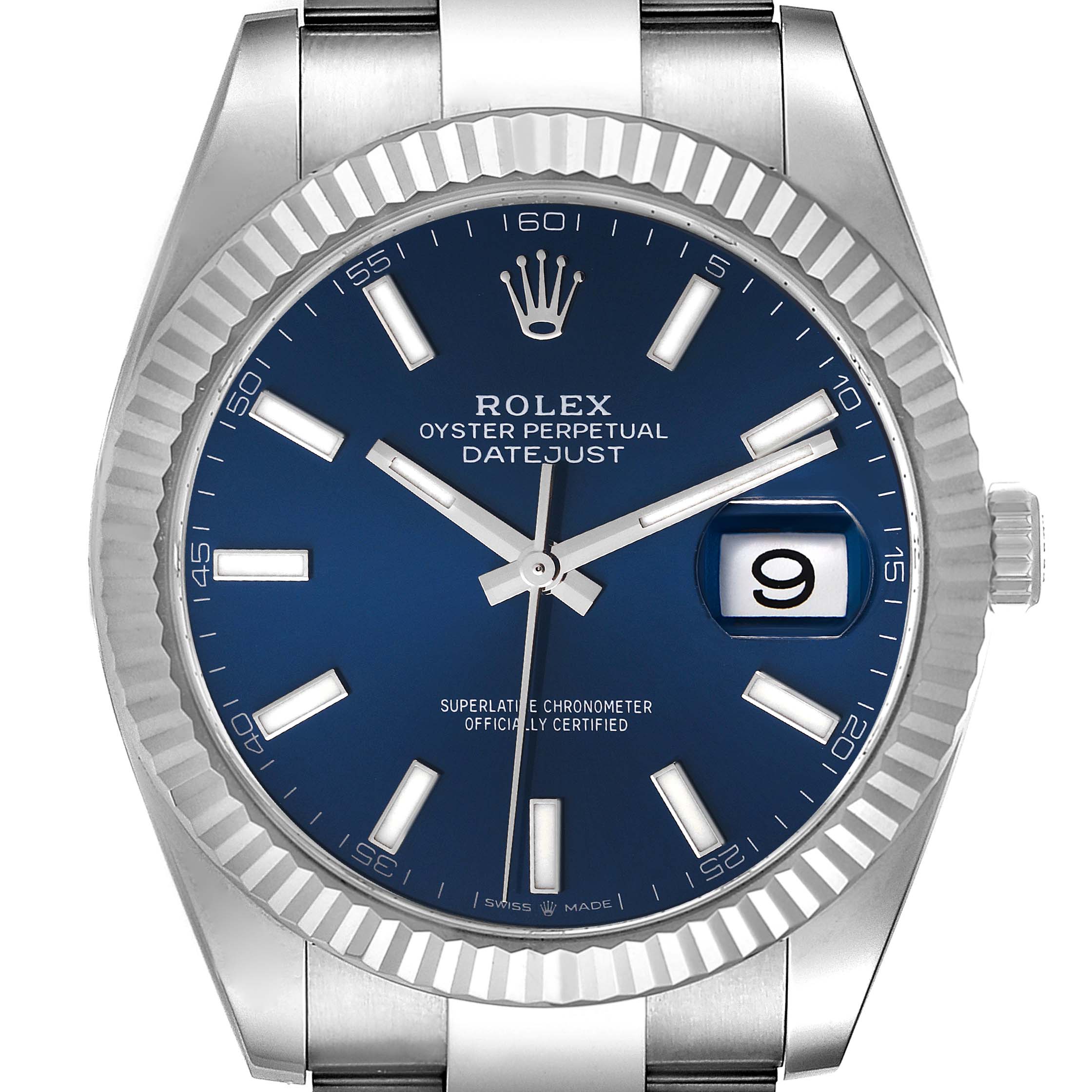 This image shows a Rolex Datejust 41 126334 Men's Stainless Steel Blue Dial 126334 Men's Stainless Steel Blue Dial watch face with a blue dial and fluted bezel, viewed from a front angle.