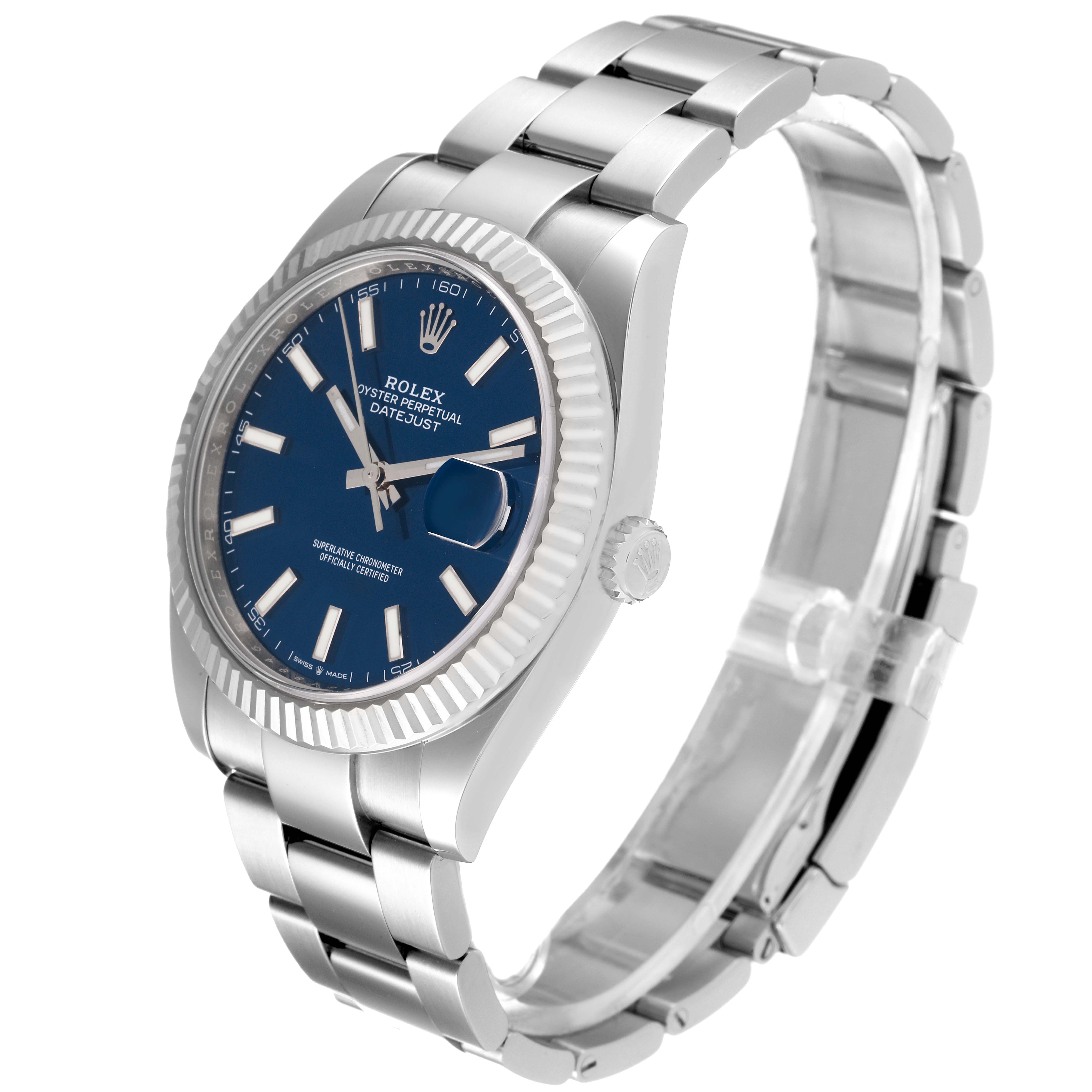 The image shows a Rolex Datejust 41 126334 Men's Stainless Steel Blue Dial 126334 Men's Stainless Steel Blue Dial watch at an angled side view, displaying its bracelet, blue dial, and fluted bezel.