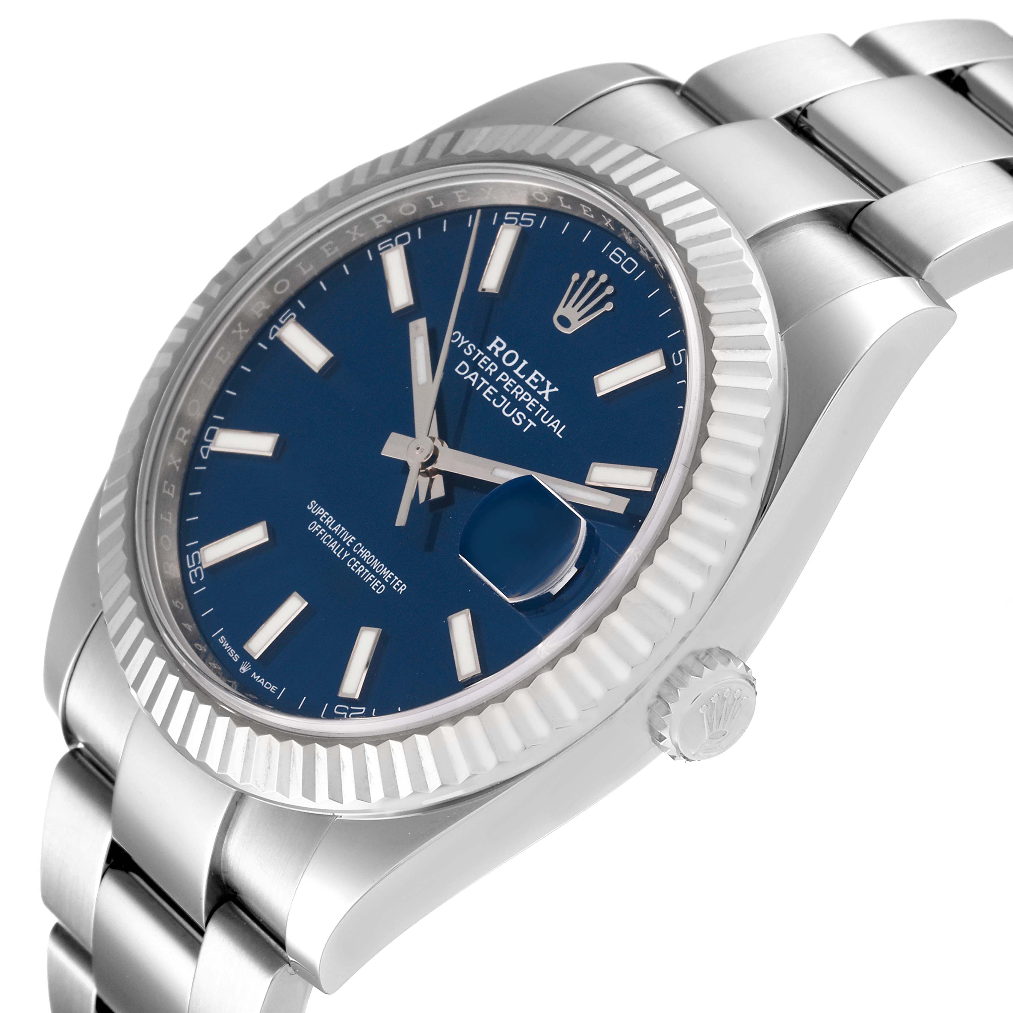 The image shows a side angle of the Rolex Datejust 41 126334 Men's Stainless Steel Blue Dial 126334 Men's Stainless Steel Blue Dial, highlighting its blue dial, fluted bezel, and stainless steel bracelet.