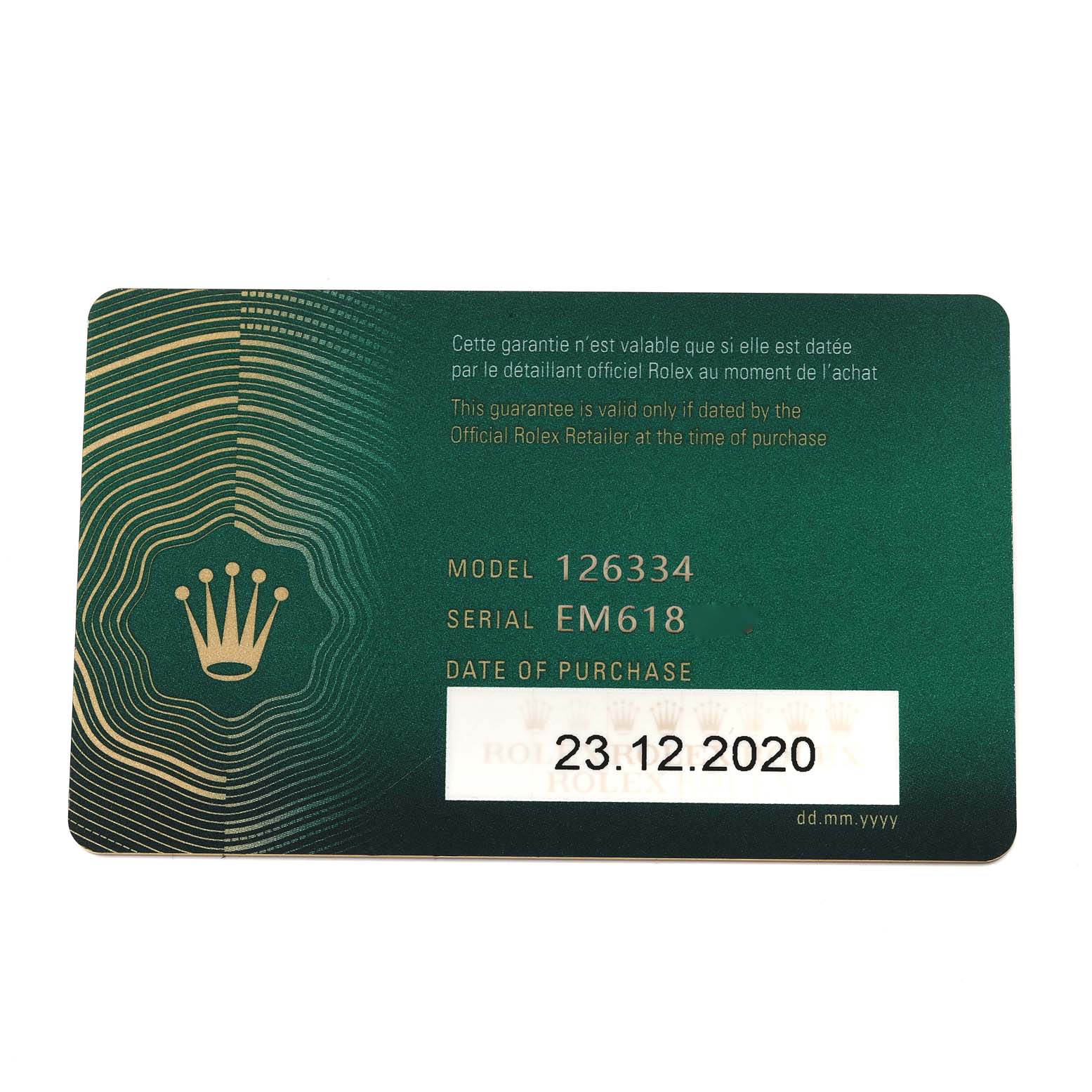 This image shows the Rolex warranty card for the Datejust 41 model, indicating the model number, serial number, and date of purchase.