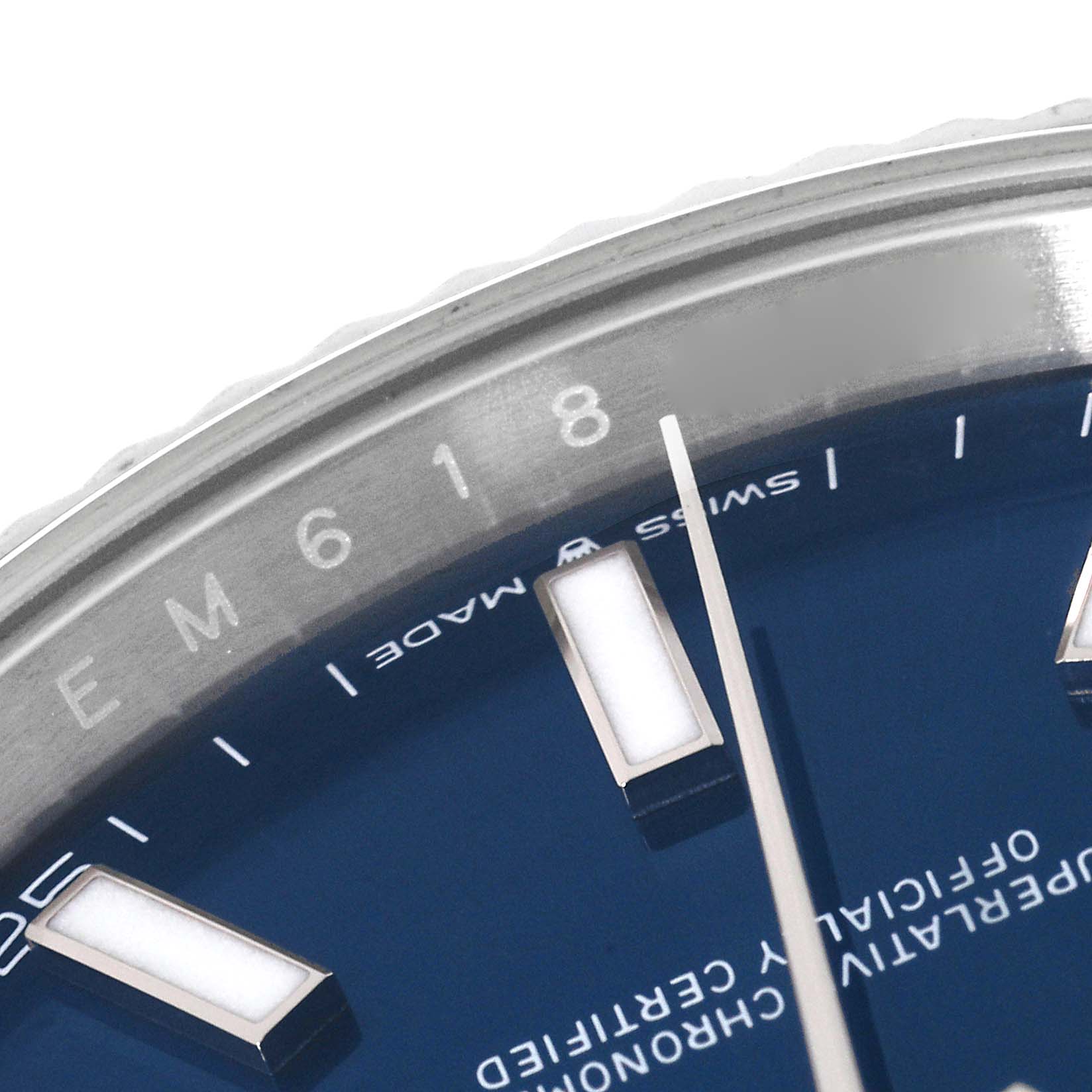 The image shows a close-up of the dial and part of the bezel of the Rolex Datejust 41 126334 Men's Stainless Steel Blue Dial 126334 Men's Stainless Steel Blue Dial watch.