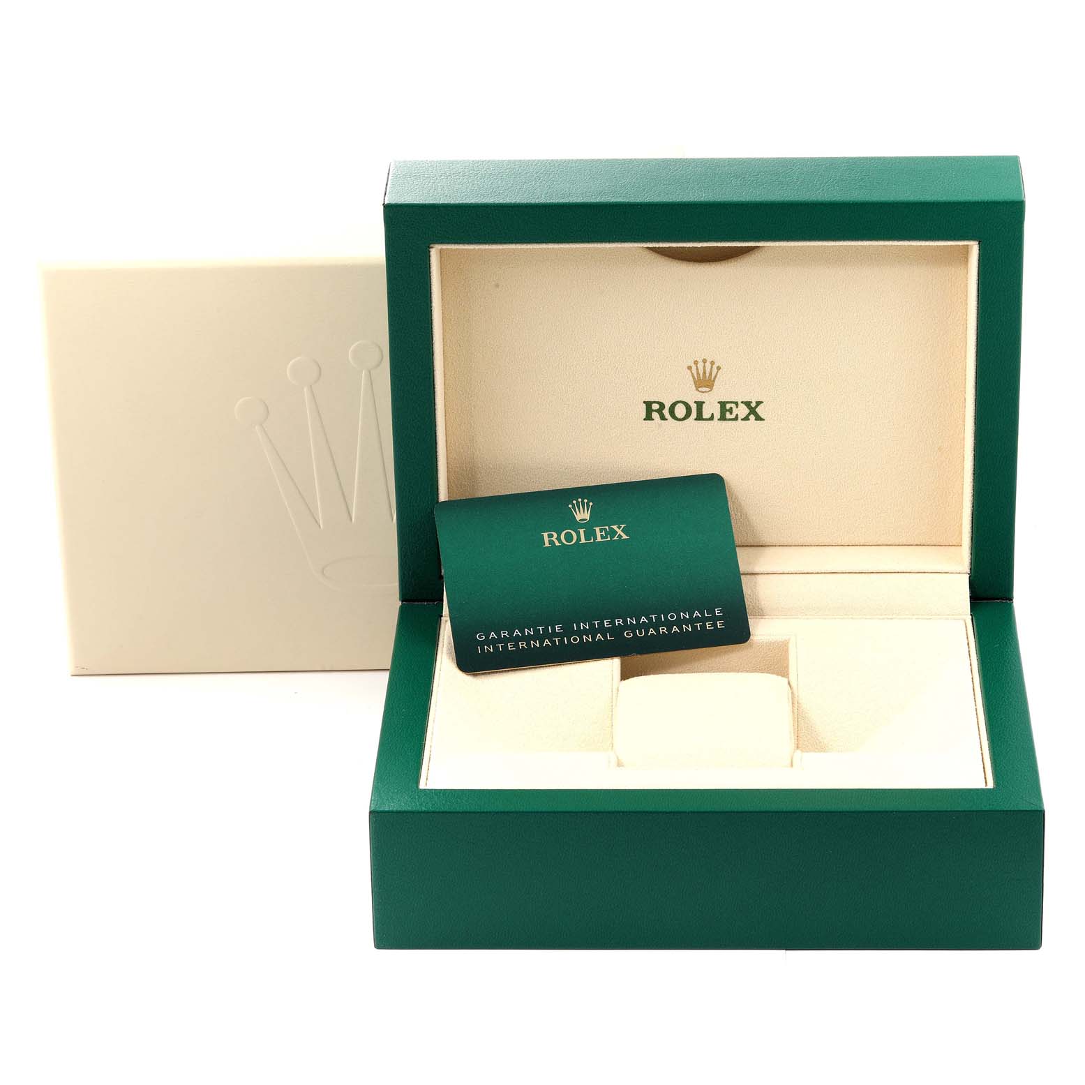 The image shows a Rolex Datejust 41 126334 Men's Stainless Steel Blue Dial 126334 Men's Stainless Steel Blue Dial box with an open lid, a warranty card, and an embossed outer box.