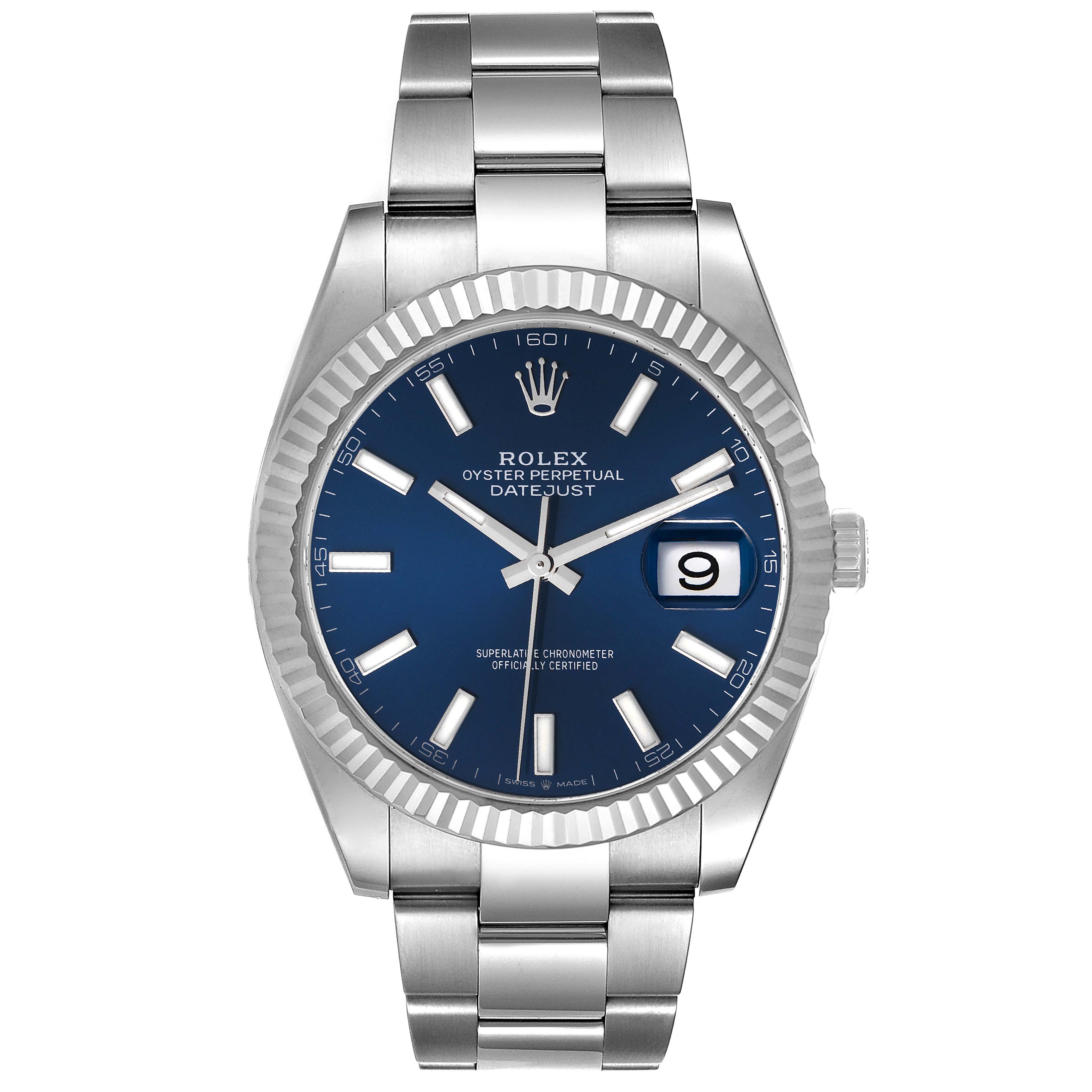 The image shows a front view of the Rolex Datejust 41 126334 Men's Stainless Steel Blue Dial 126334 Men's Stainless Steel Blue Dial watch, displaying the blue dial, fluted bezel, and stainless steel bracelet.