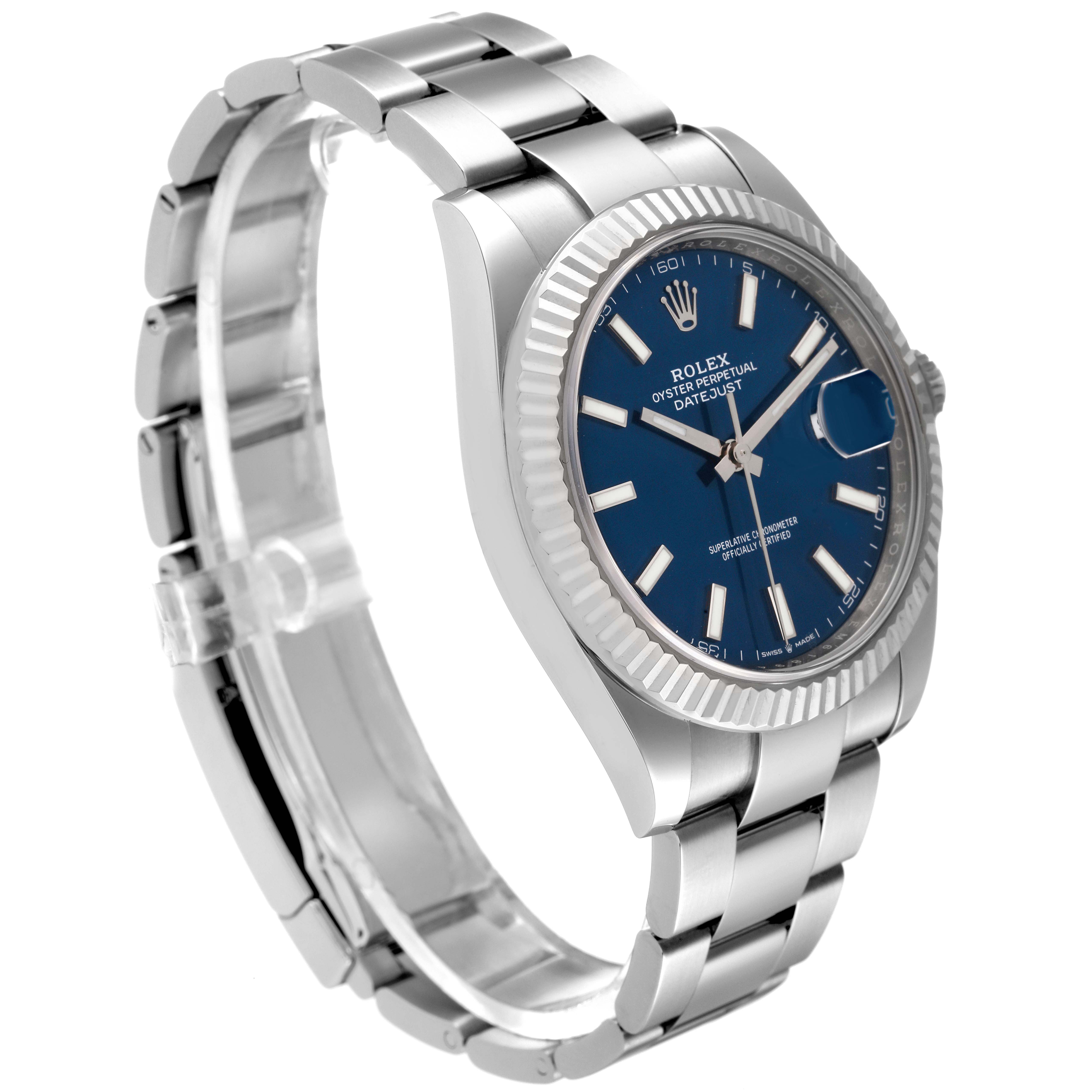 The image shows a side view of the Rolex Datejust 41 126334 Men's Stainless Steel Blue Dial 126334 Men's Stainless Steel Blue Dial, highlighting its blue dial, fluted bezel, and stainless steel bracelet.