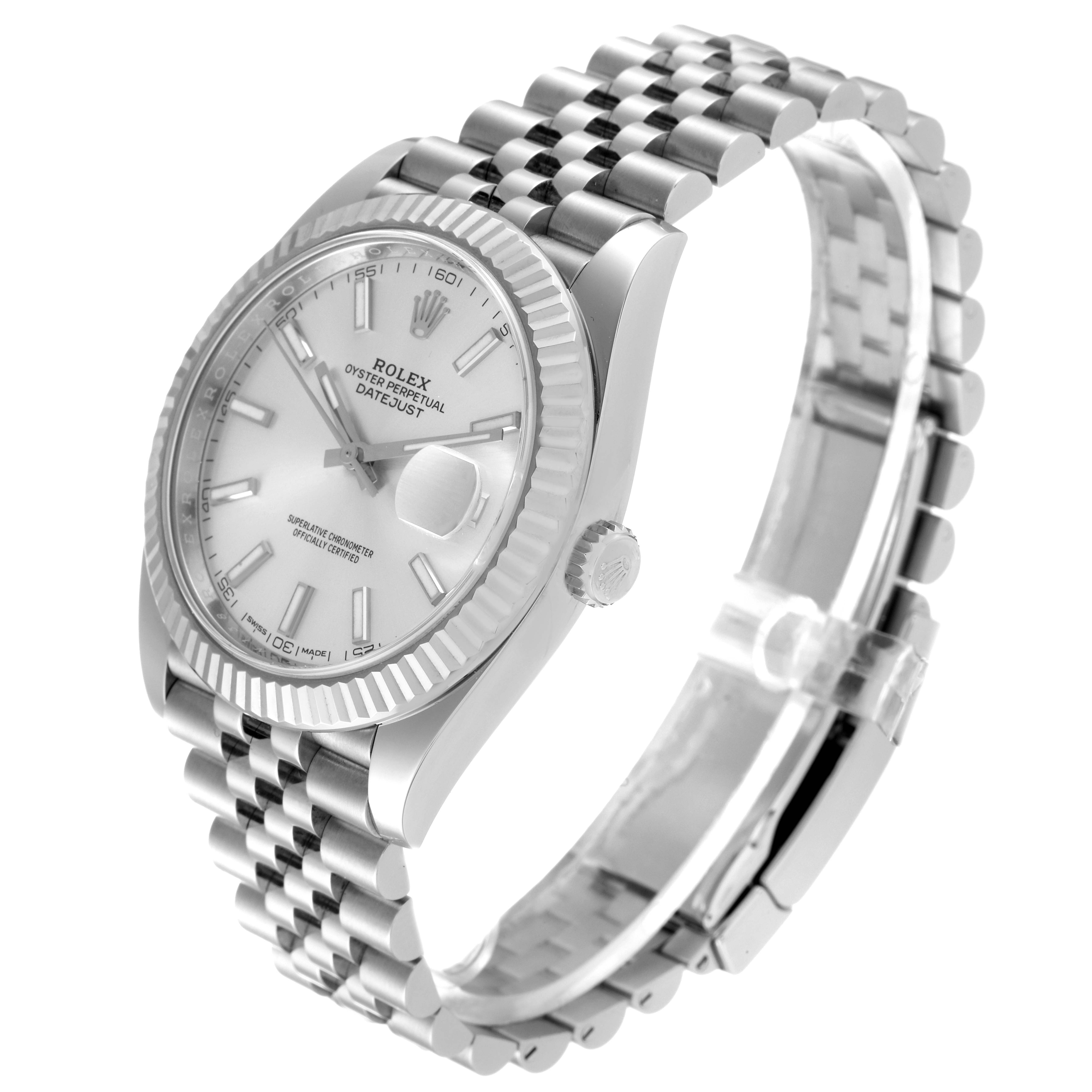 The image shows a Rolex Datejust 41 126334 Men's Stainless Steel Silver Dial 126334 Men's Stainless Steel Silver Dial watch at an angled side view, highlighting the face, fluted bezel, and Jubilee bracelet.