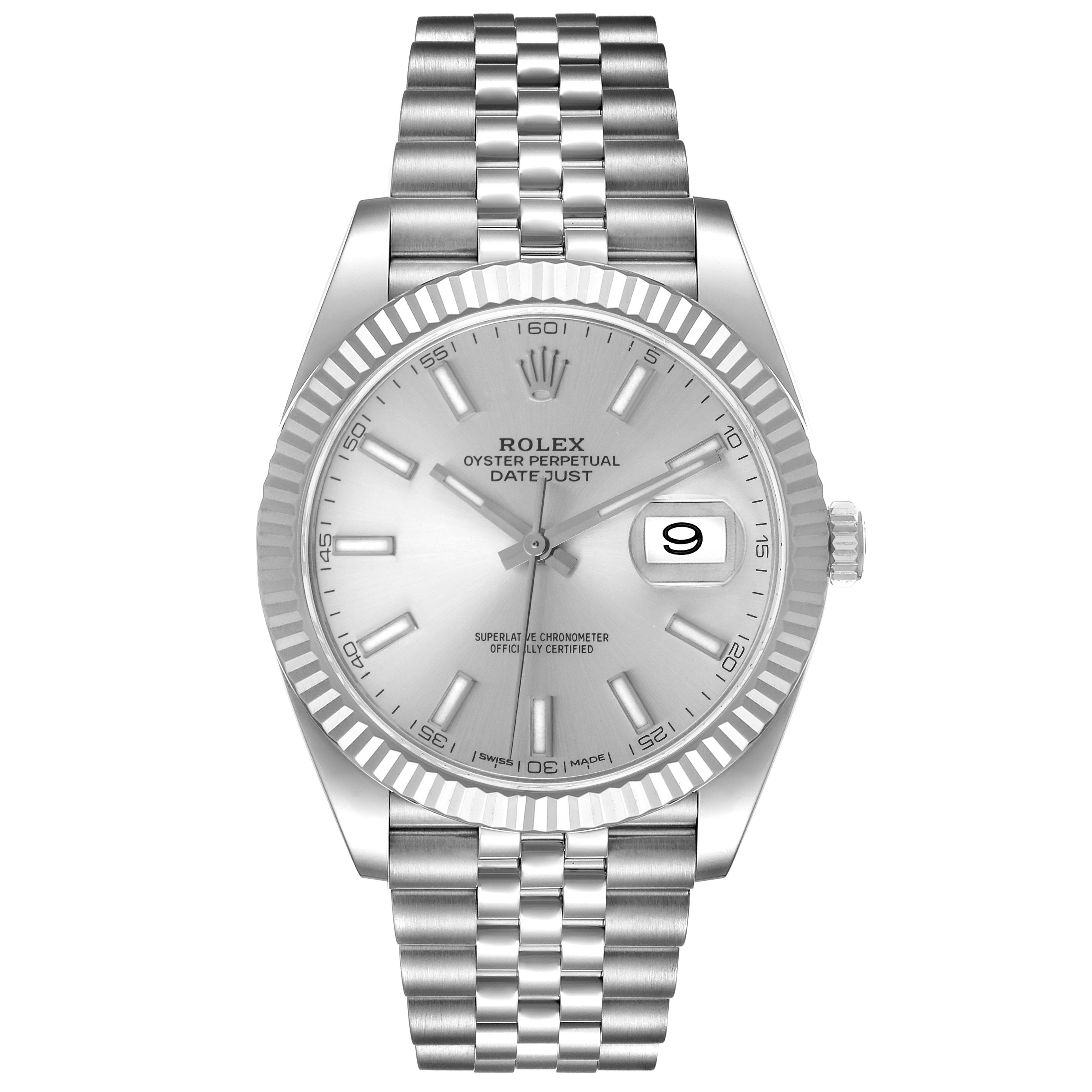 The image shows a Rolex Datejust 41 126334 Men's Stainless Steel Silver Dial 126334 Men's Stainless Steel Silver Dial in a front view, highlighting its dial, fluted bezel, and Jubilee bracelet.